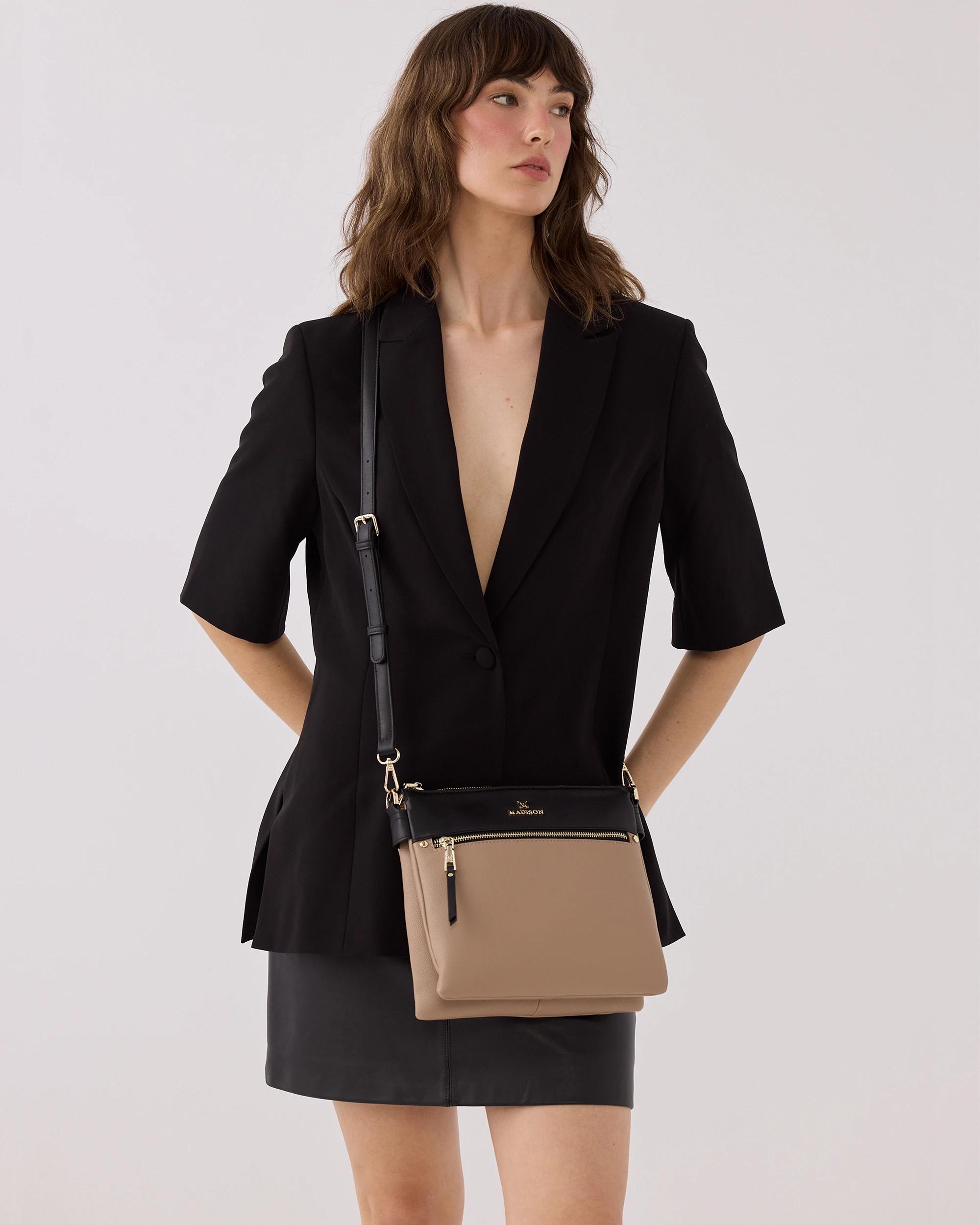 7 Madison Accessories Renee Zip Top 2 Compartment Crossbody TAUPE-BLACK LT GOLD, 7 of 7