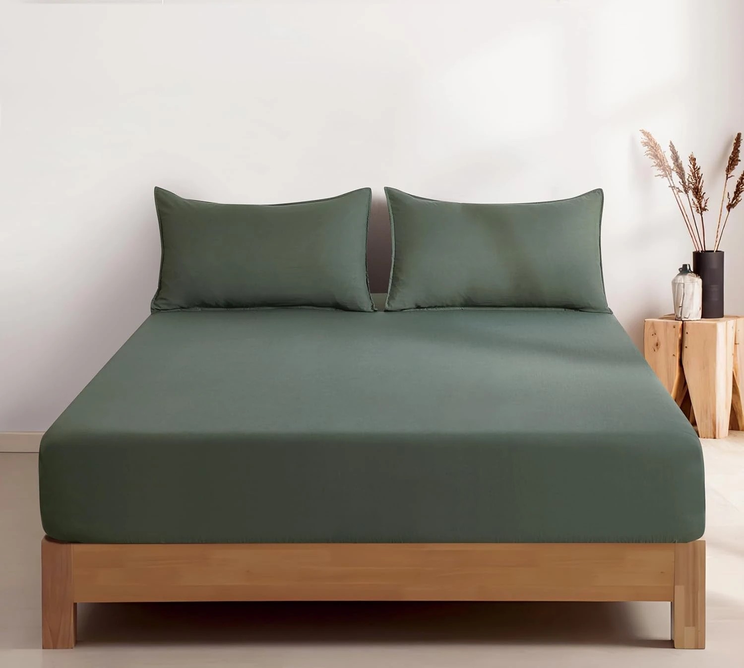 1 CleverPolly 100% Vintage Washed Microfibre Fitted Sheet Set - Khaki Green - Queen Bed, 1 of 5