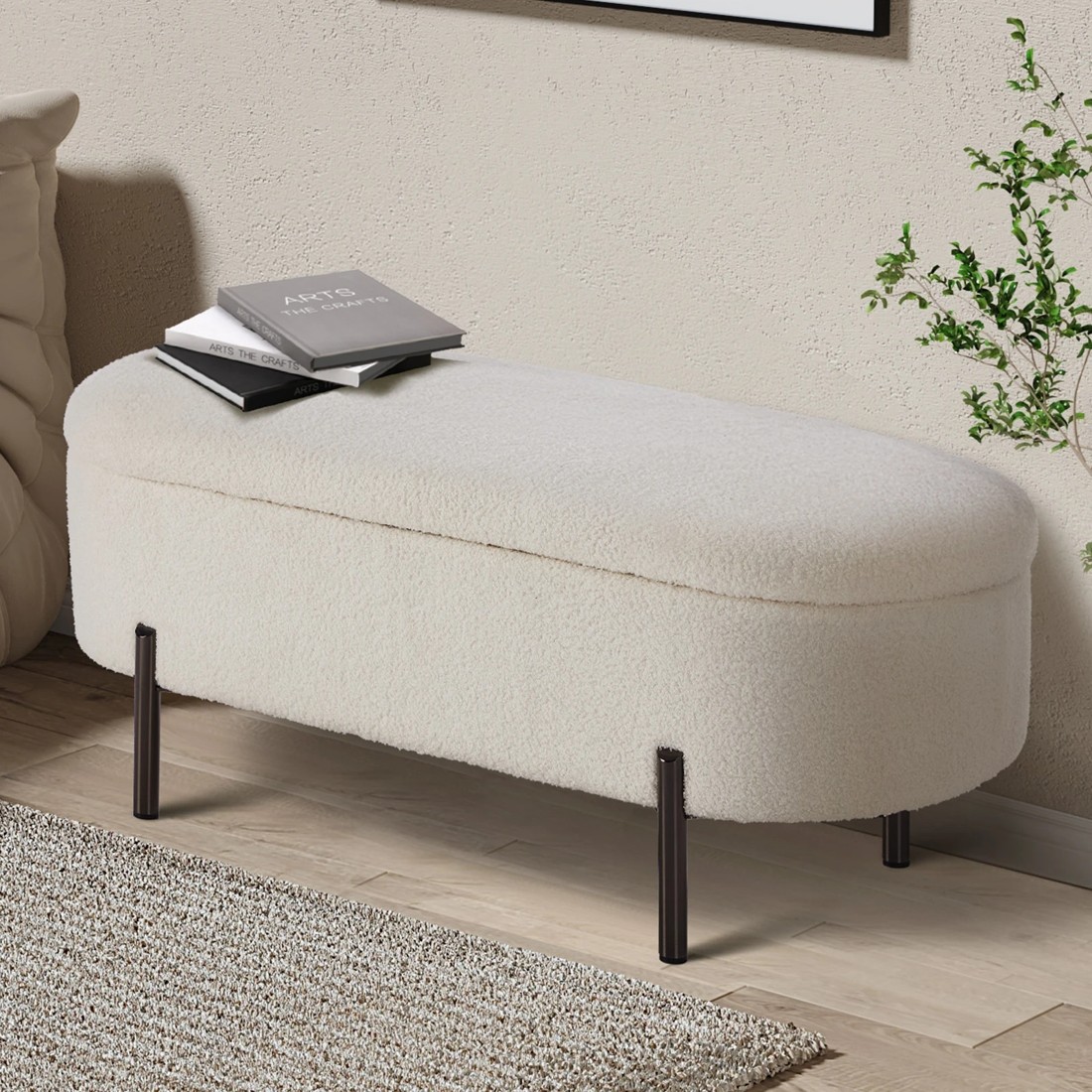 2 Oikiture Storage Ottoman Bench Oval Footstool Blanket Box Chest Toy Sherpa
 - White, 2 of 10