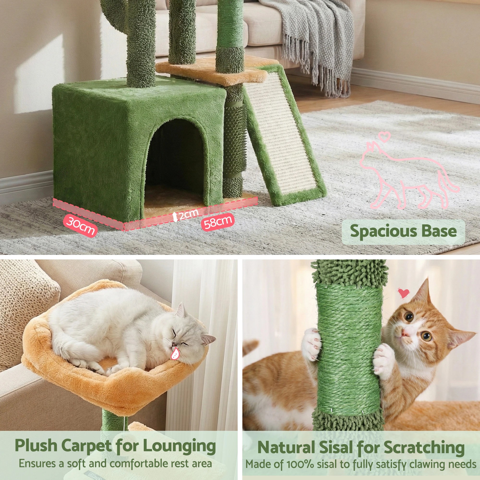 6 i.Pet Cat Tree Tower 101cm Scratching Post Furniture Scratcher House - Green, 6 of 7