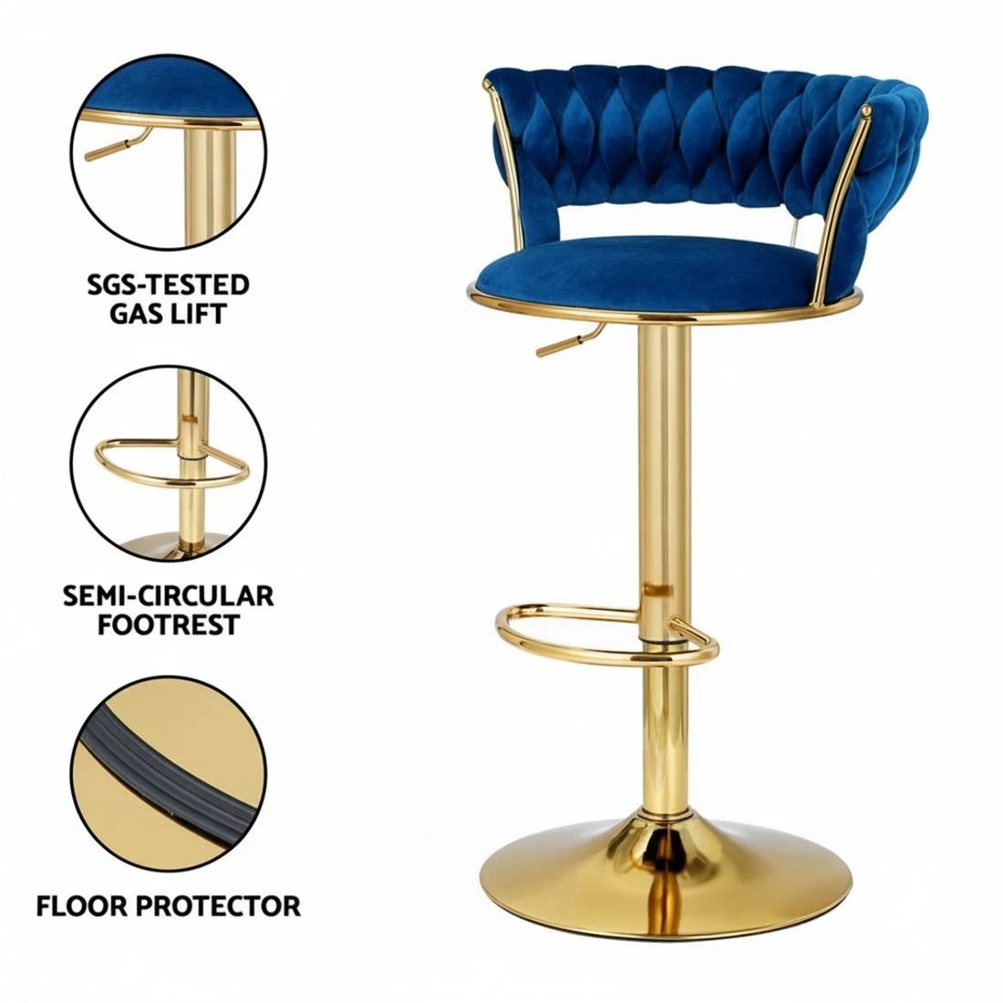 5 Artiss 4x Bar Stools Gas Lift Velvet Woven Backrest Navy - Blue, 5 of 6