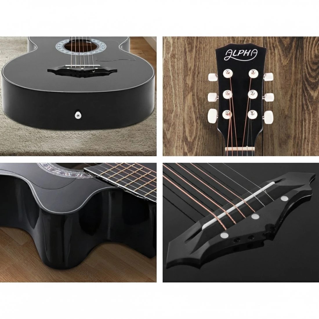 6 Alpha 38 Inch Acoustic Guitar Wooden Body Steel String Full Size Cutaway - Black, 6 of 8