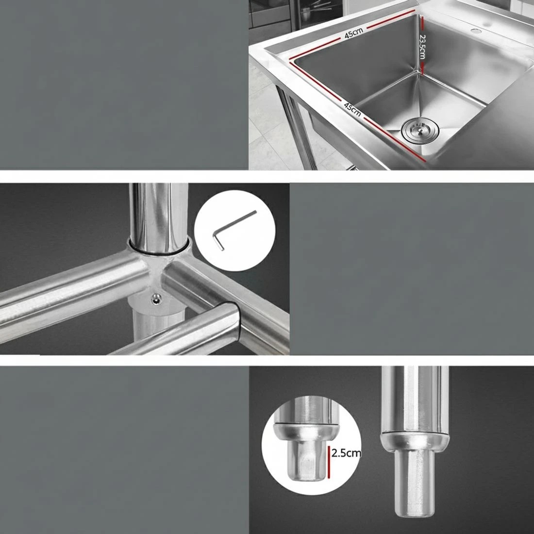 3 Cefito Stainless Steel Sink Bench Kitchen Work Benches Bowl Wheels 304 - Multi, 3 of 4