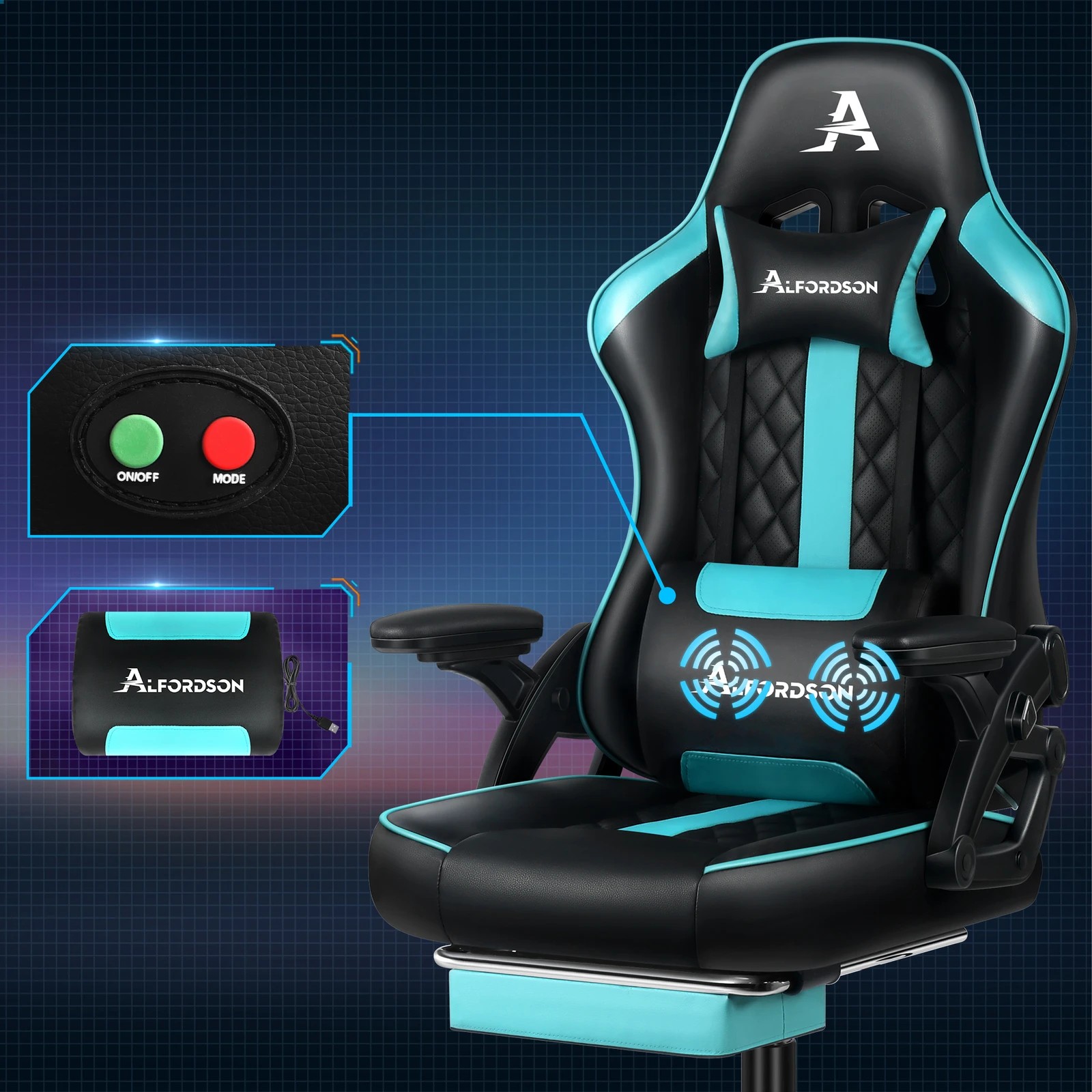 3 Alfordson Gaming Office Chair Massage Computer Footrest Leather - Cyan, 3 of 10