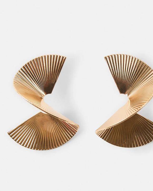 Ribbed Fan Drop Earrings - Gold Tone