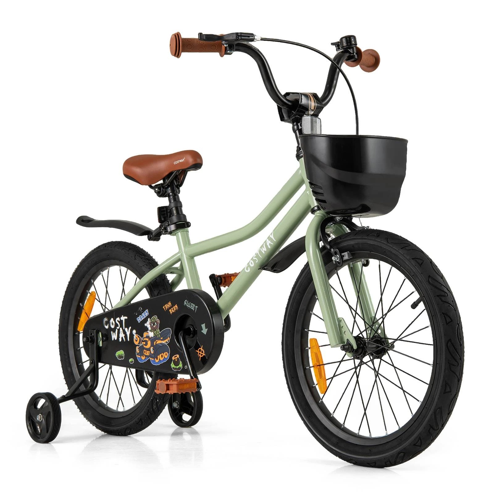 1 Costway 40cm Kids Bike w/Training Wheels & Adjustable Seat Push Pedal Bike Bicycle - Green, 1 of 2