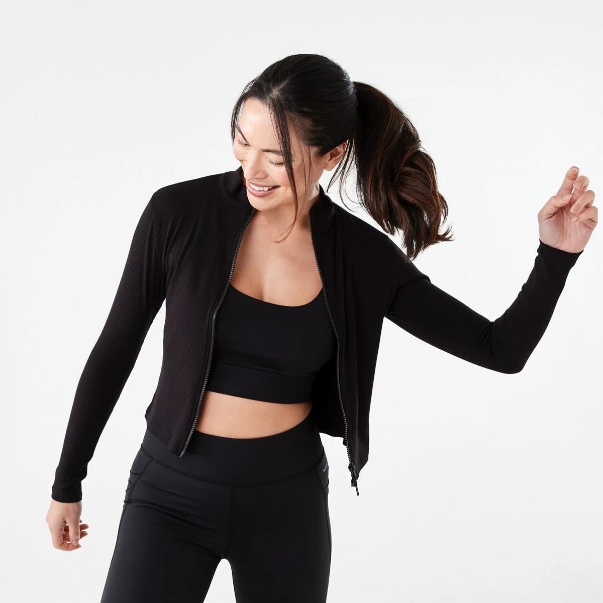 1 Active Womens Ribbed Zip Through Long Sleeve Top Black, 1 of 7
