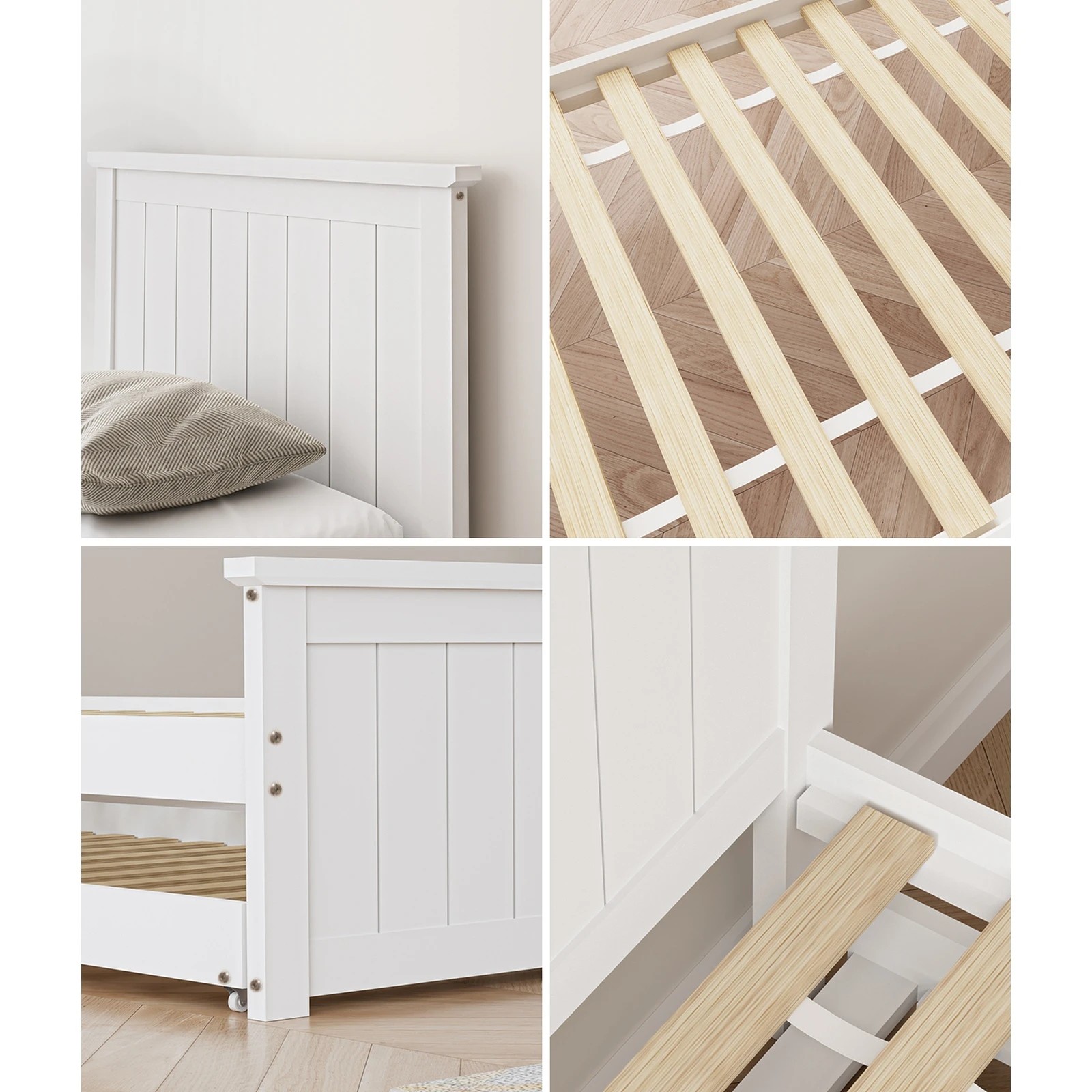 9 Oikiture Trundle Bed Frame Single Size Beds Base Wooden Daybed
 - White, 9 of 9