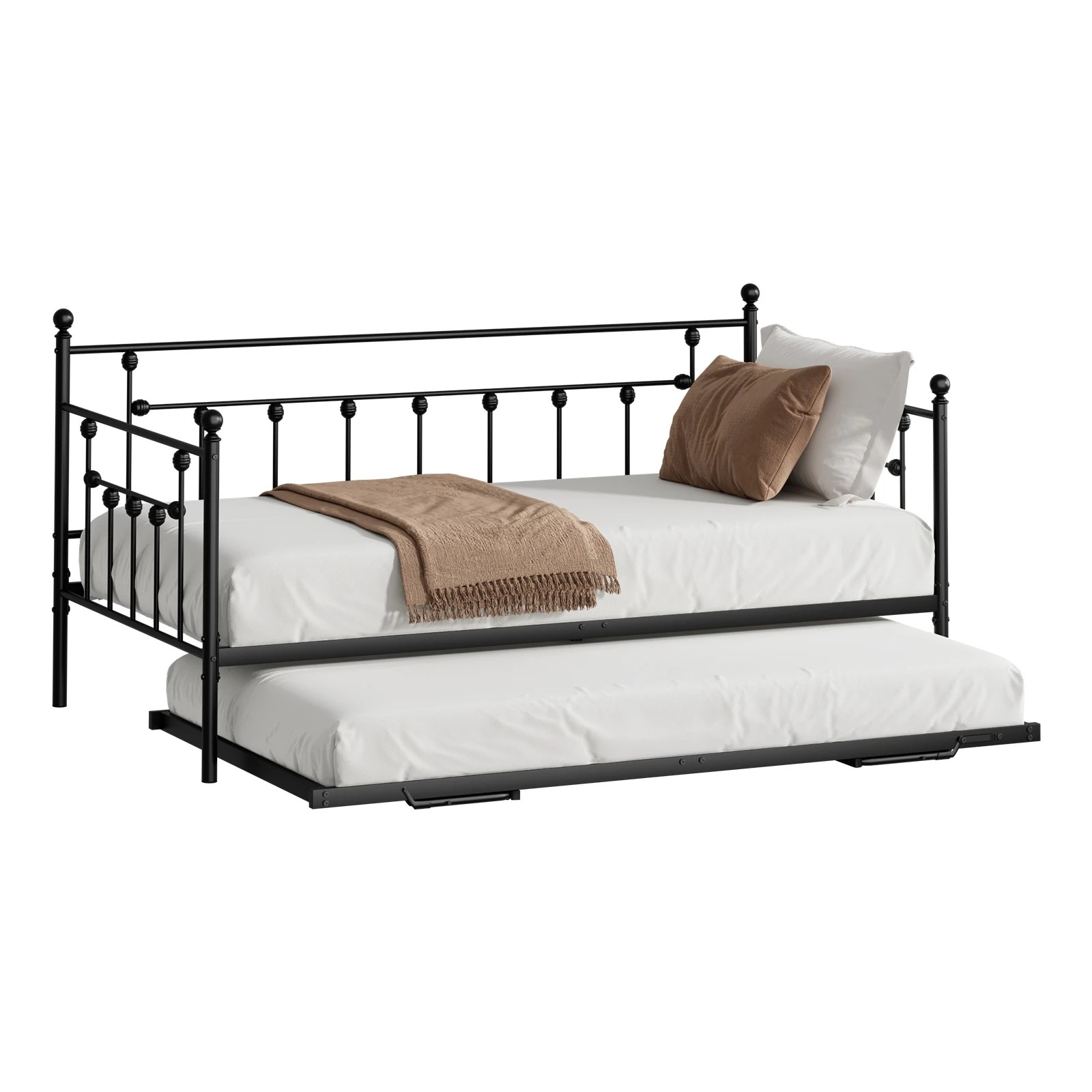 1 Oikiture Trundle Bed Frame Daybed Single Size Base Metal 2x Single Beds - Black, 1 of 8