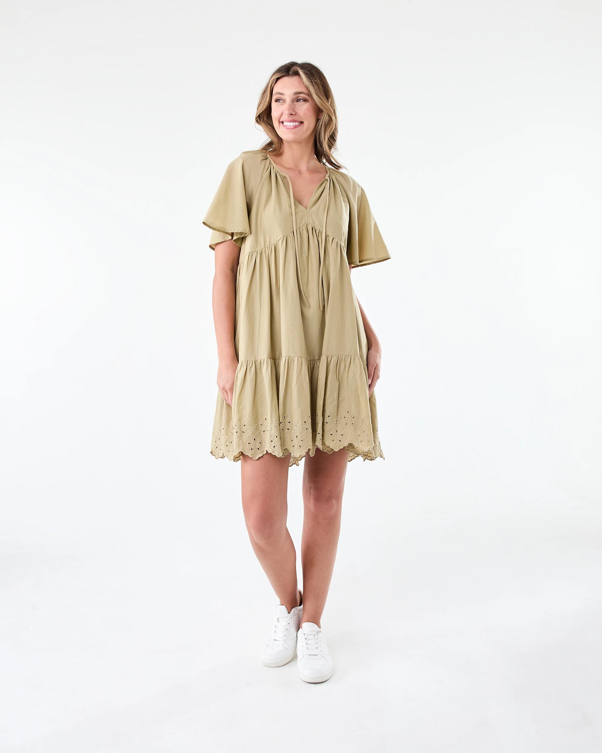 7 Short Flutter Sleeve Broderie Mini Dress Urban Grn, 7 of 7