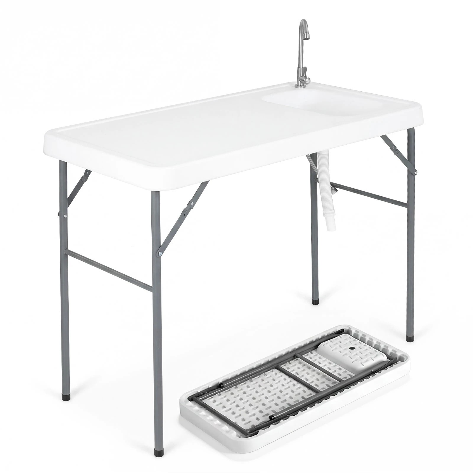 1 Costway 114cm Folding Camping Table Fish Cleaning Table w/Sink Outdoor Picnic Table - White, 1 of 4