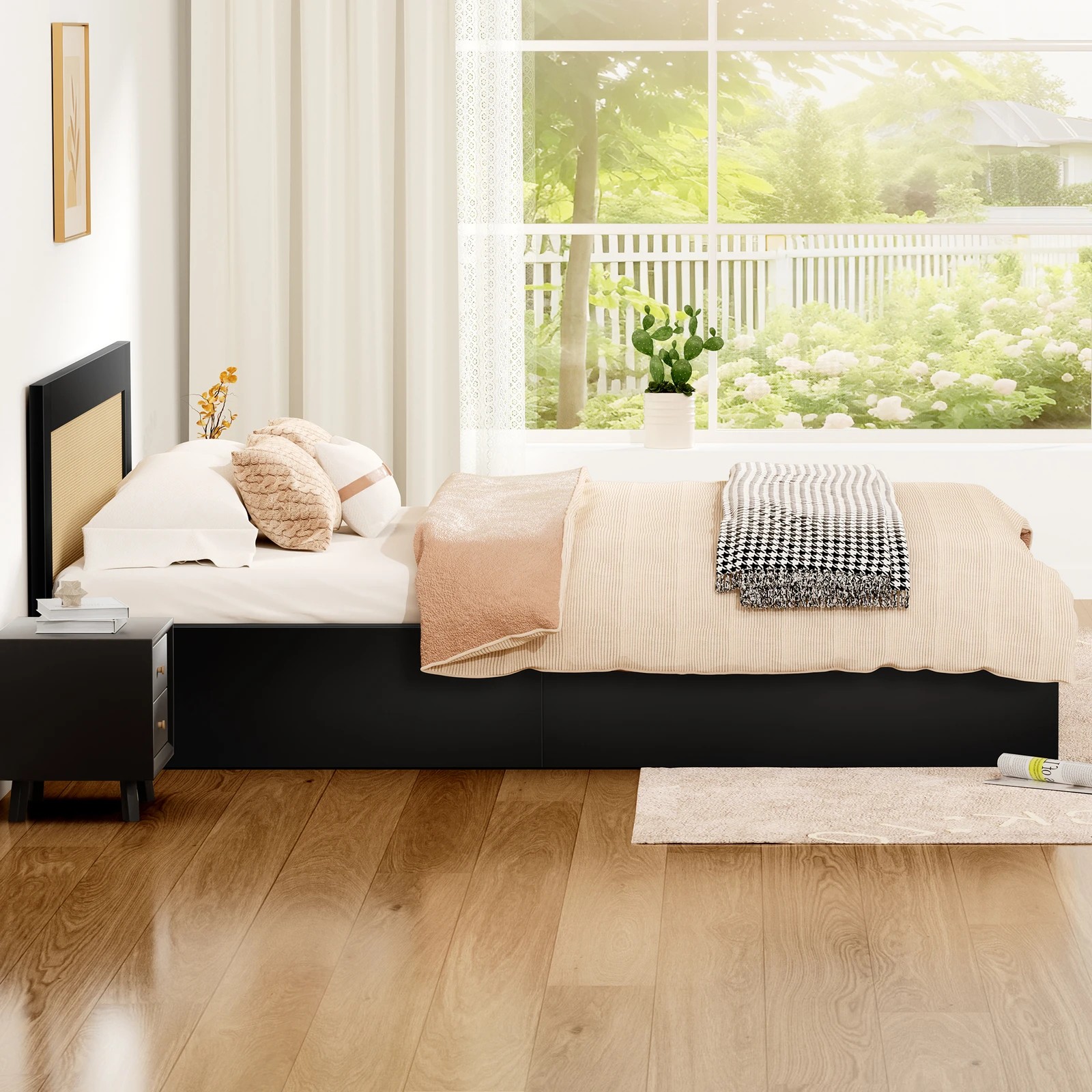 6 Alfordson Wooden Bed Frame Double Size Rattan Bed Base with Storage Drawer - Black, 6 of 10