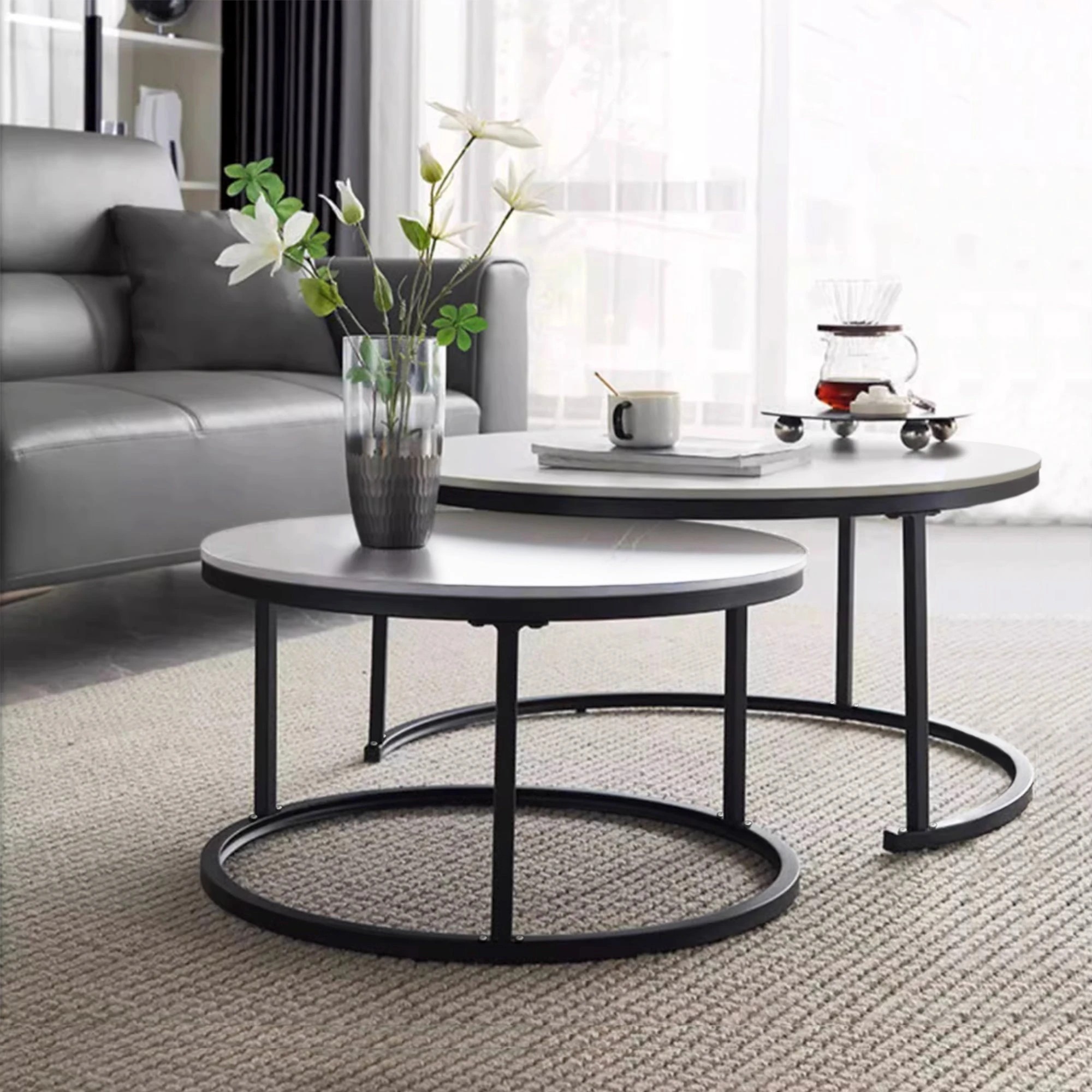 5 Foret Coffee Table 80cm Side Tables 2pc Set Tea Marble Look Tempered Glass Top, 5 of 9