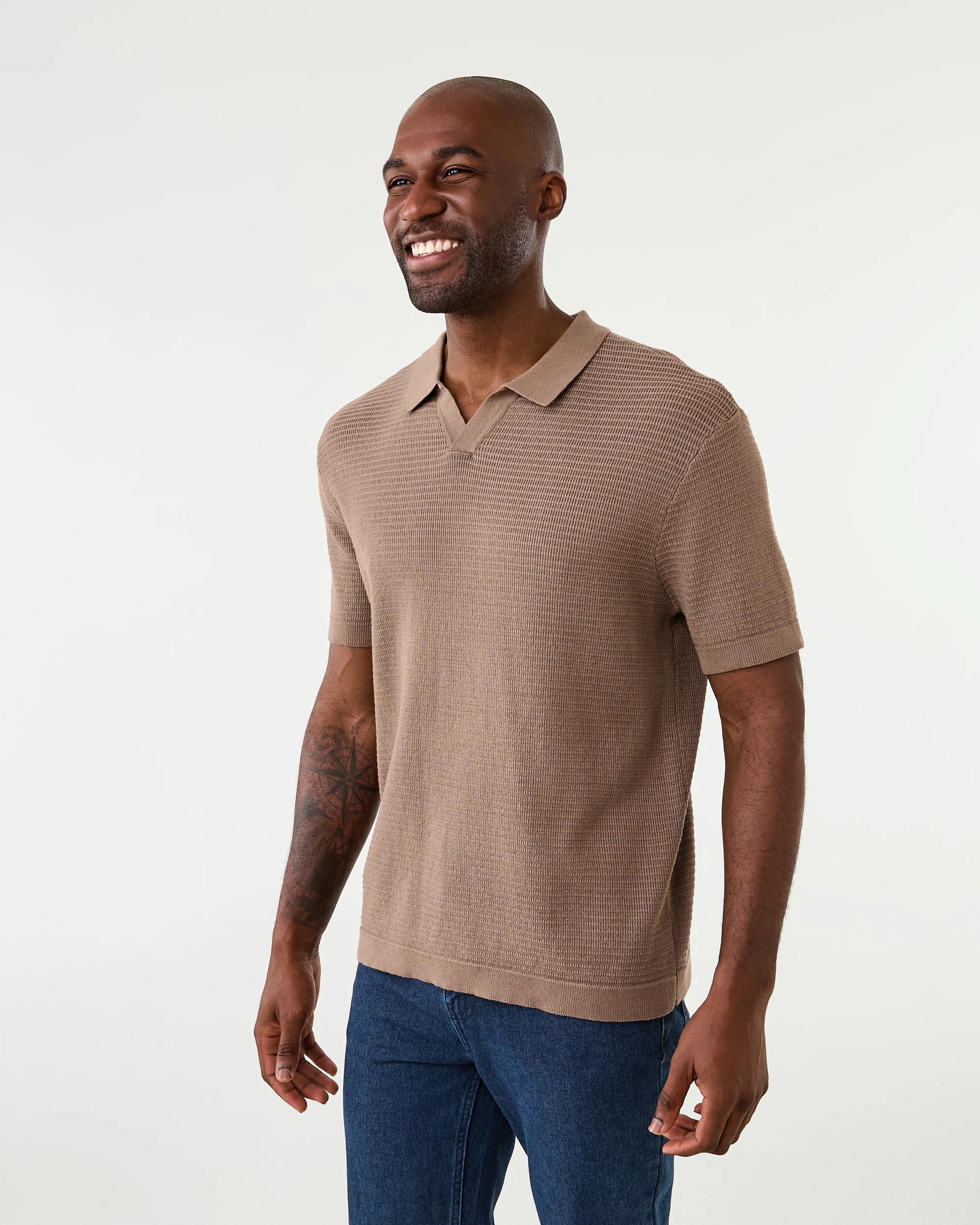 2 True Knit Textured Polo Shirt Brn Toffee, 2 of 6