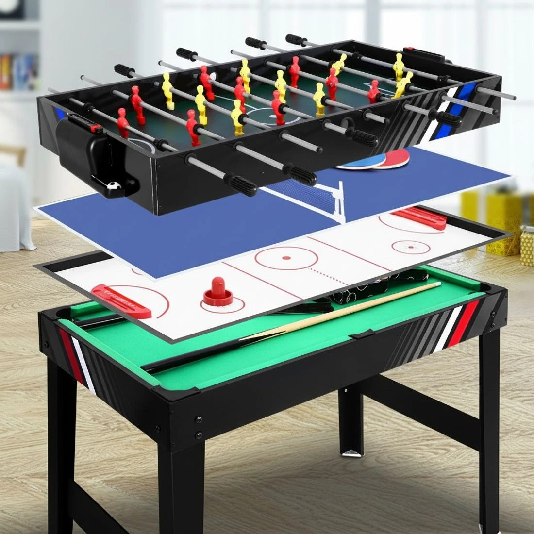 8 Everfit 4-in-1 Games Table Soccer Foosball Pool Table Tennis Air Hockey Home Party Gift - Black, 8 of 8