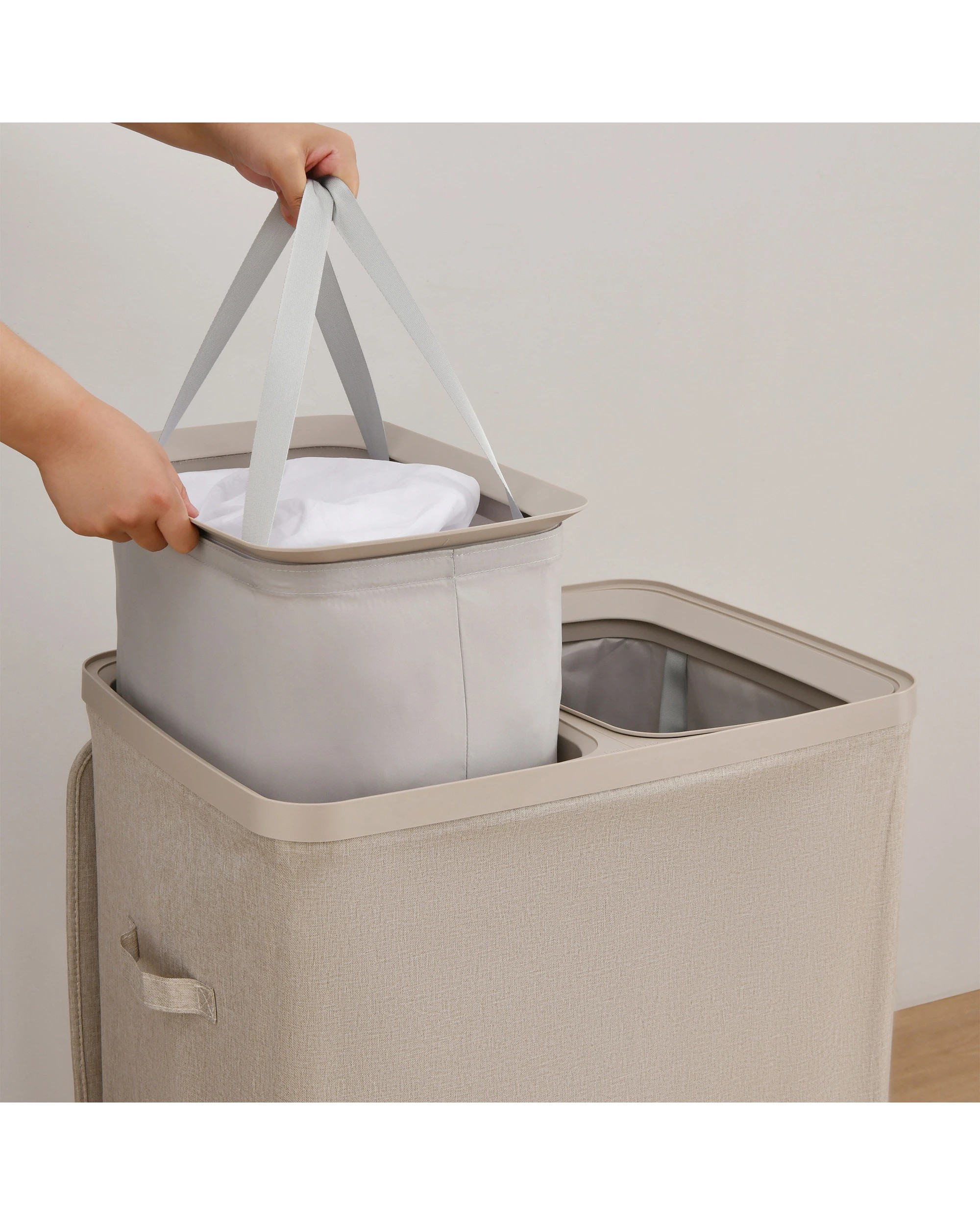 2 Sherwood Voyager 2-Section Laundry Hamper 100L Faux Linen 56x40x67cm - Natural, 2 of 8