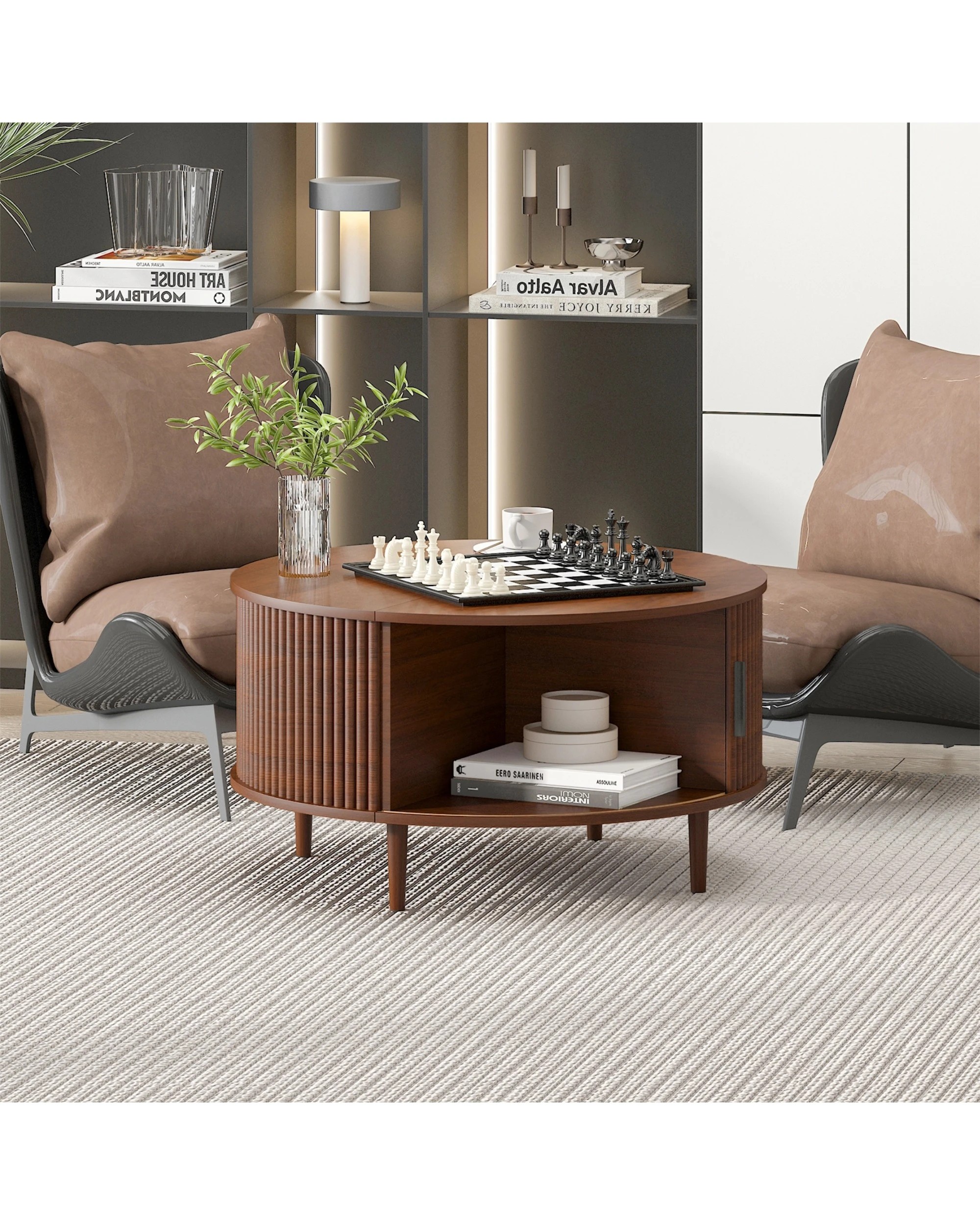 4 Advwin 80cm Round Coffee Table Fluted Center Table w/ Sliding Door Cabinet Side Table w/ Hidden Storage & Shelf, 4 of 9