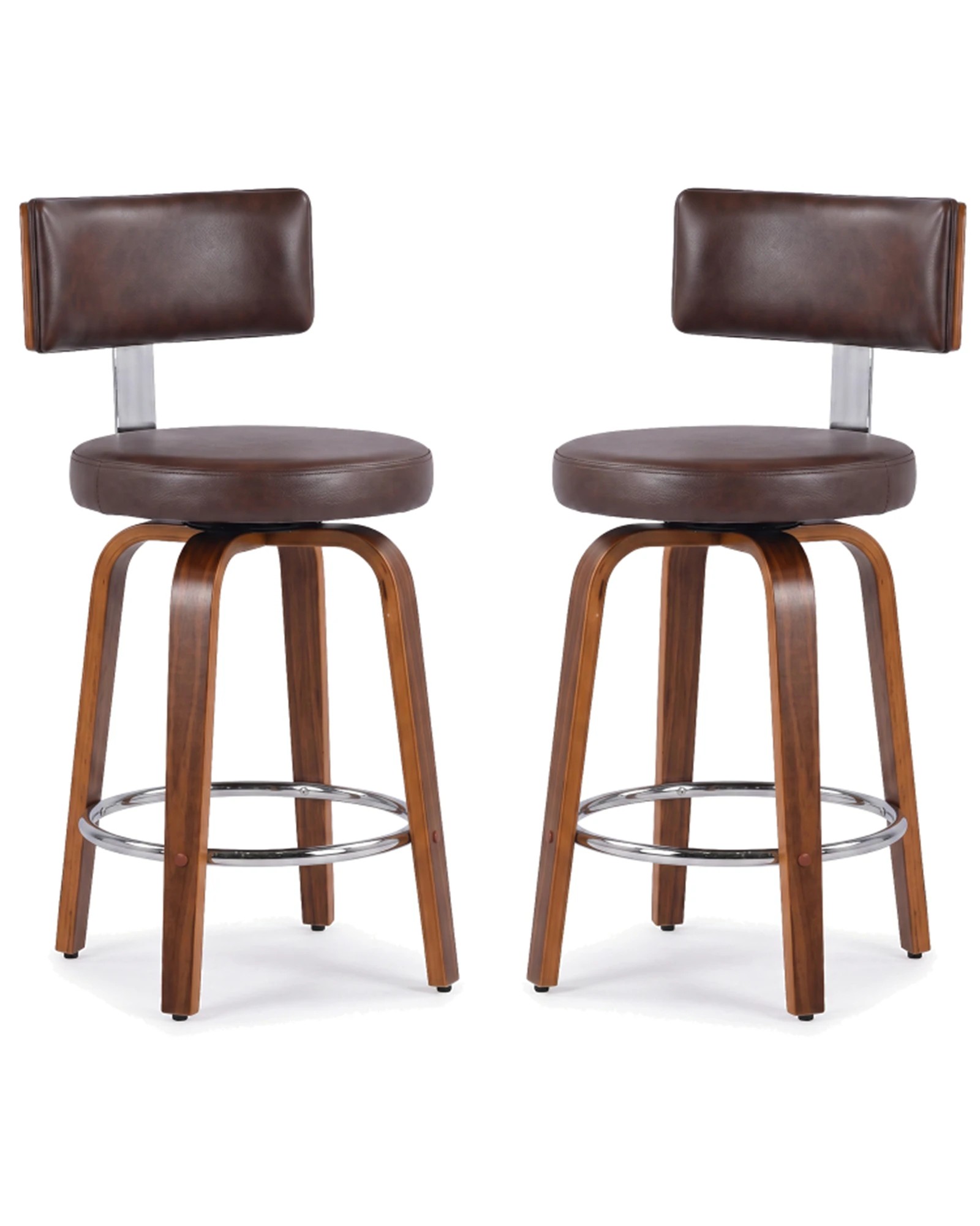 1 Advwin Bar Stools Set of 2 Kitchen Stools with Back and Metal Footrest 360° Swivel- Brown, 1 of 6