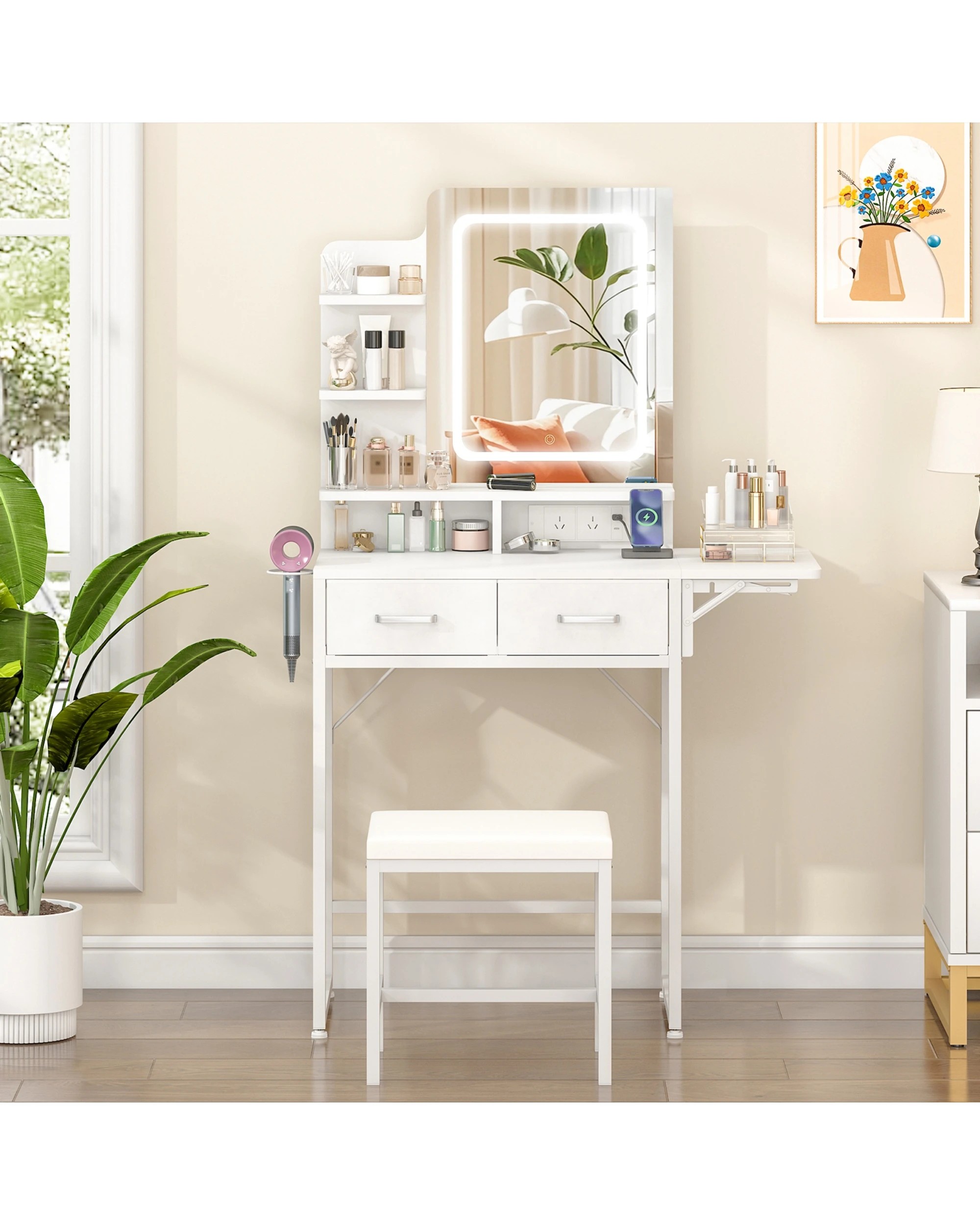 2 Advwin Dressing Table Set LED Light Charging Station Glass Cabinet Tabletop - White, 2 of 8