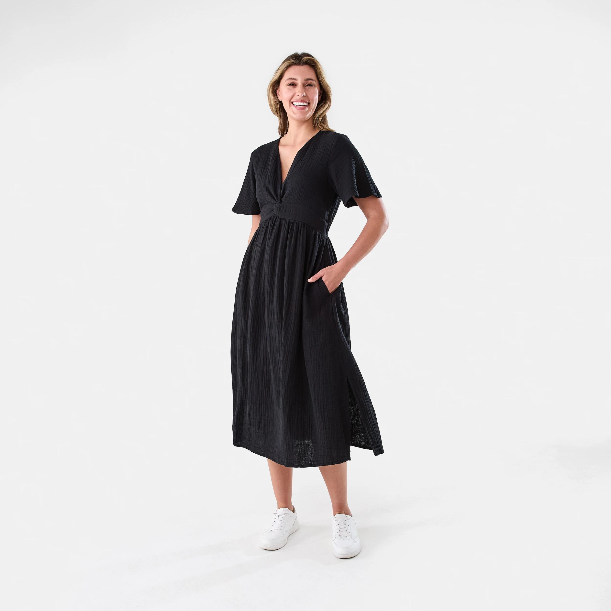 1 Short Sleeve Twist Front Midi Dress Black, 1 of 8
