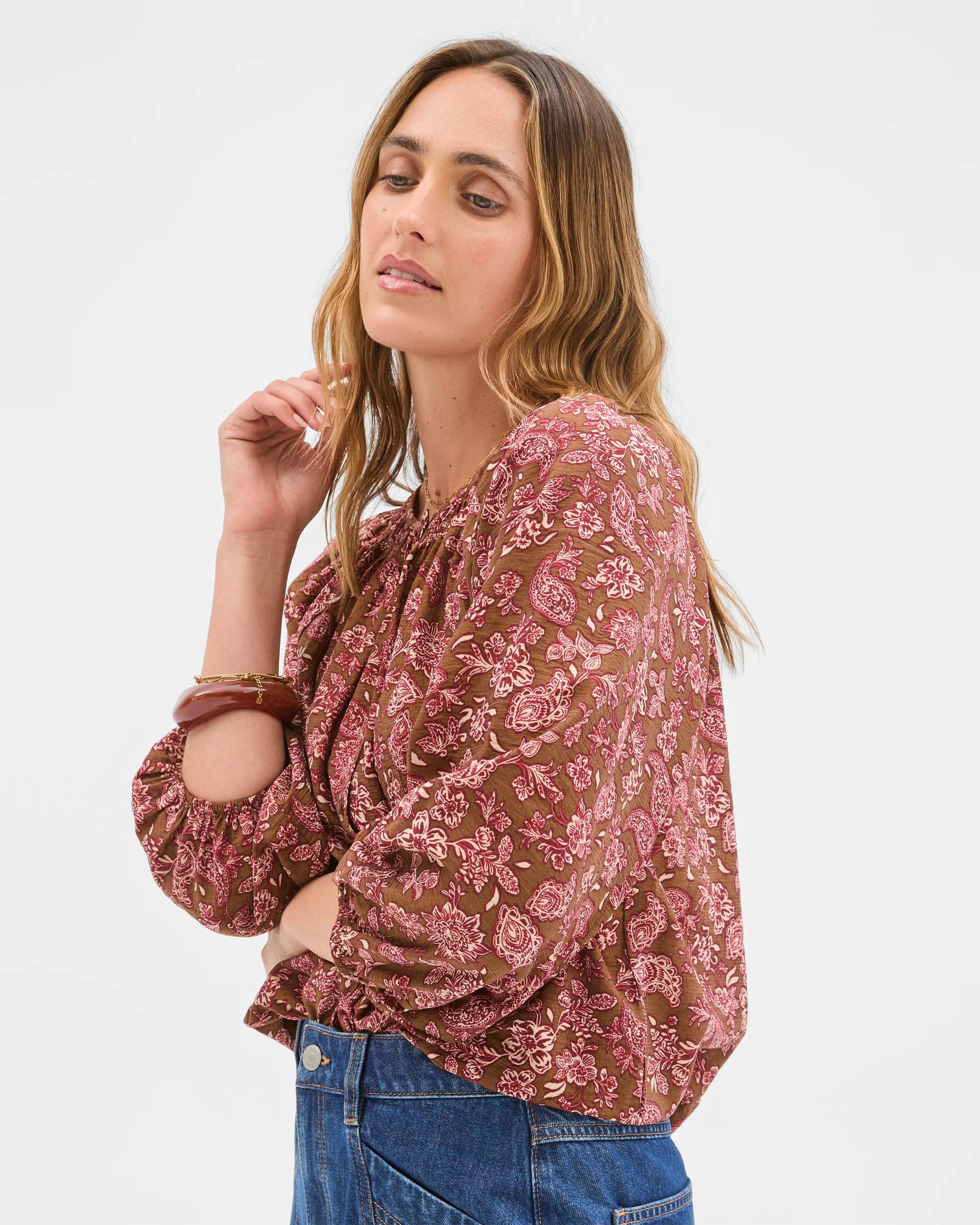 2 Target Woman 3/4 Sleeve Shirred Neck Blouse IVY LEAVES, 2 of 5