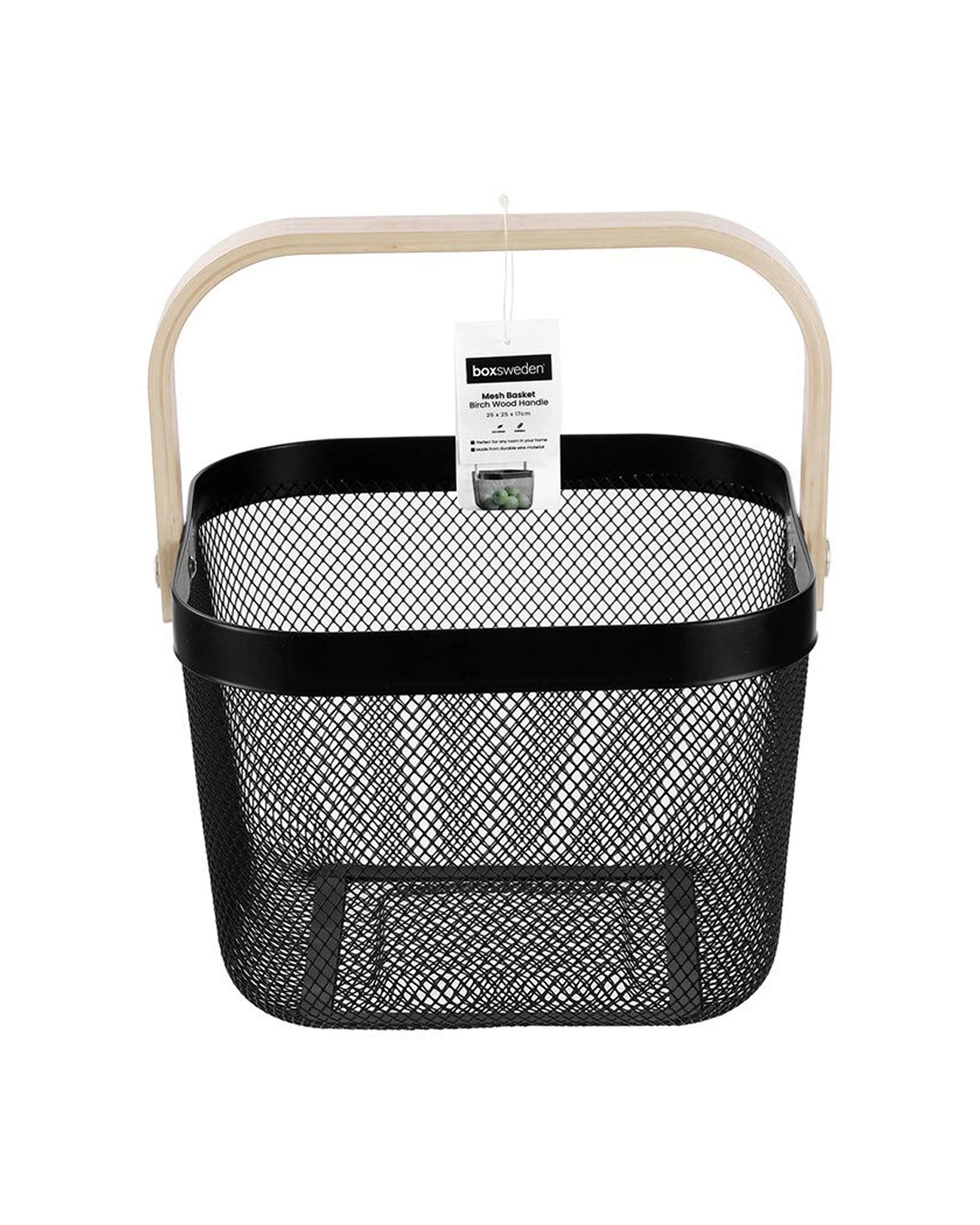 3 Boxsweden 2PK Mesh Storage Basket Birch Wood Handle Durable Mesh Wire 25X25X17cm - Black, 3 of 4