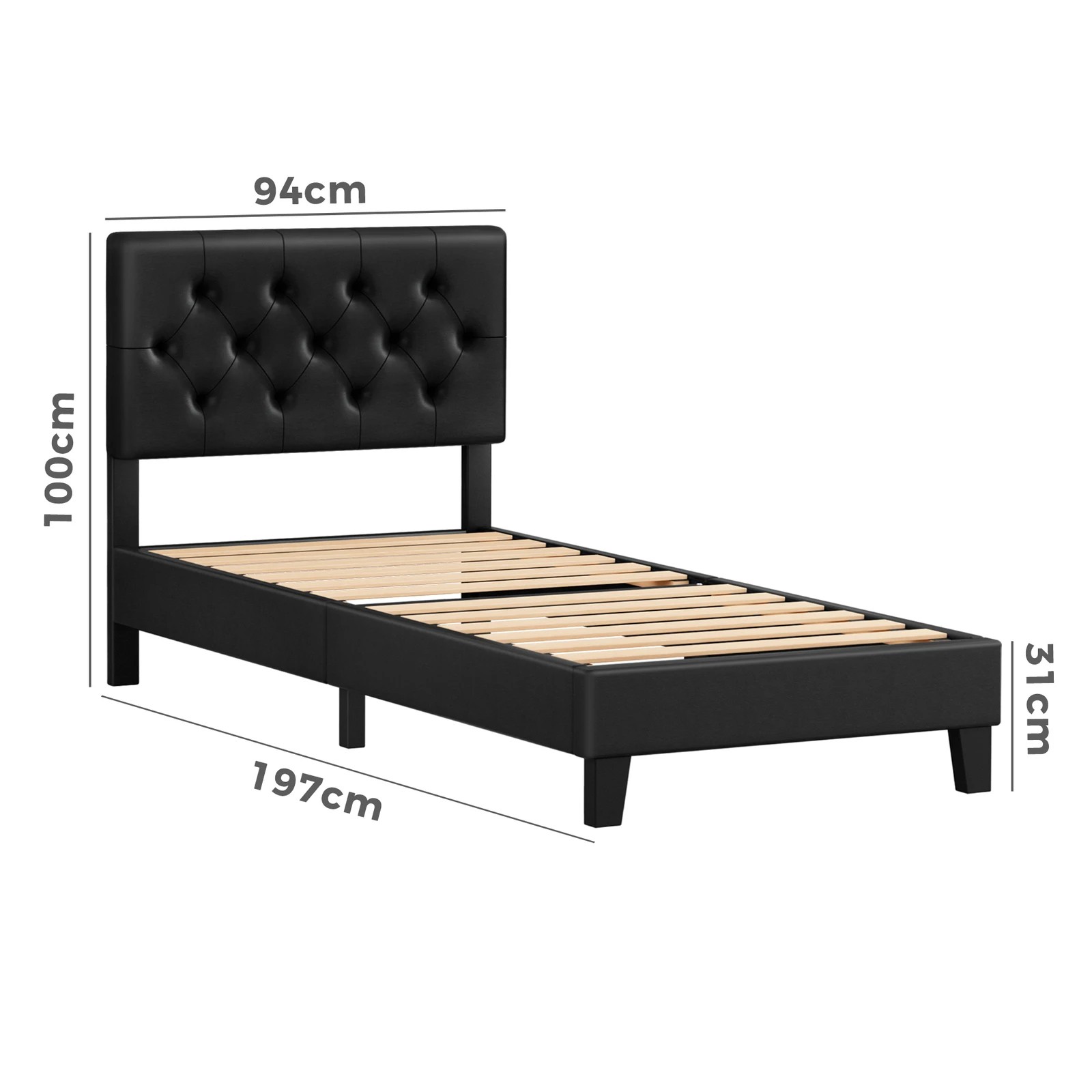 9 Alfordson Bed Frame Single Size Tufted Headboard Modern Leather Meduna - Black, 9 of 9
