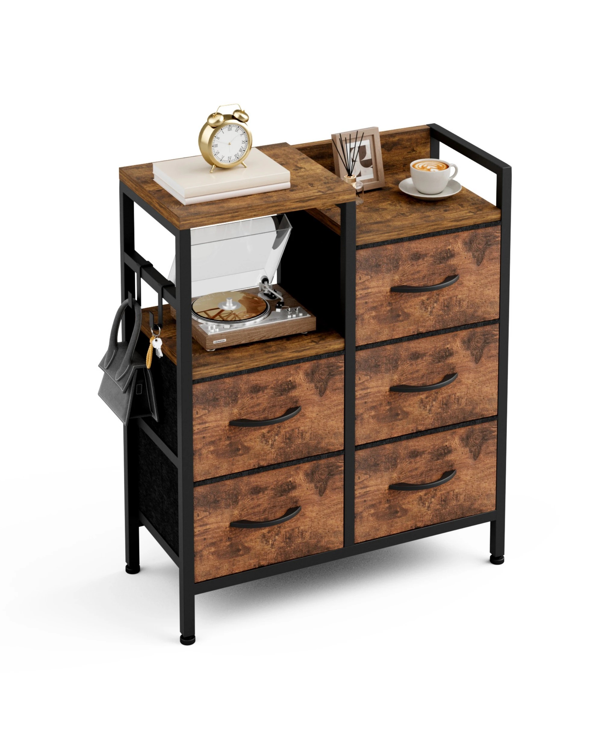 8 Advwin Chest of 5 Drawers Storage Cabinet with Open Shelf - Brown, 8 of 10