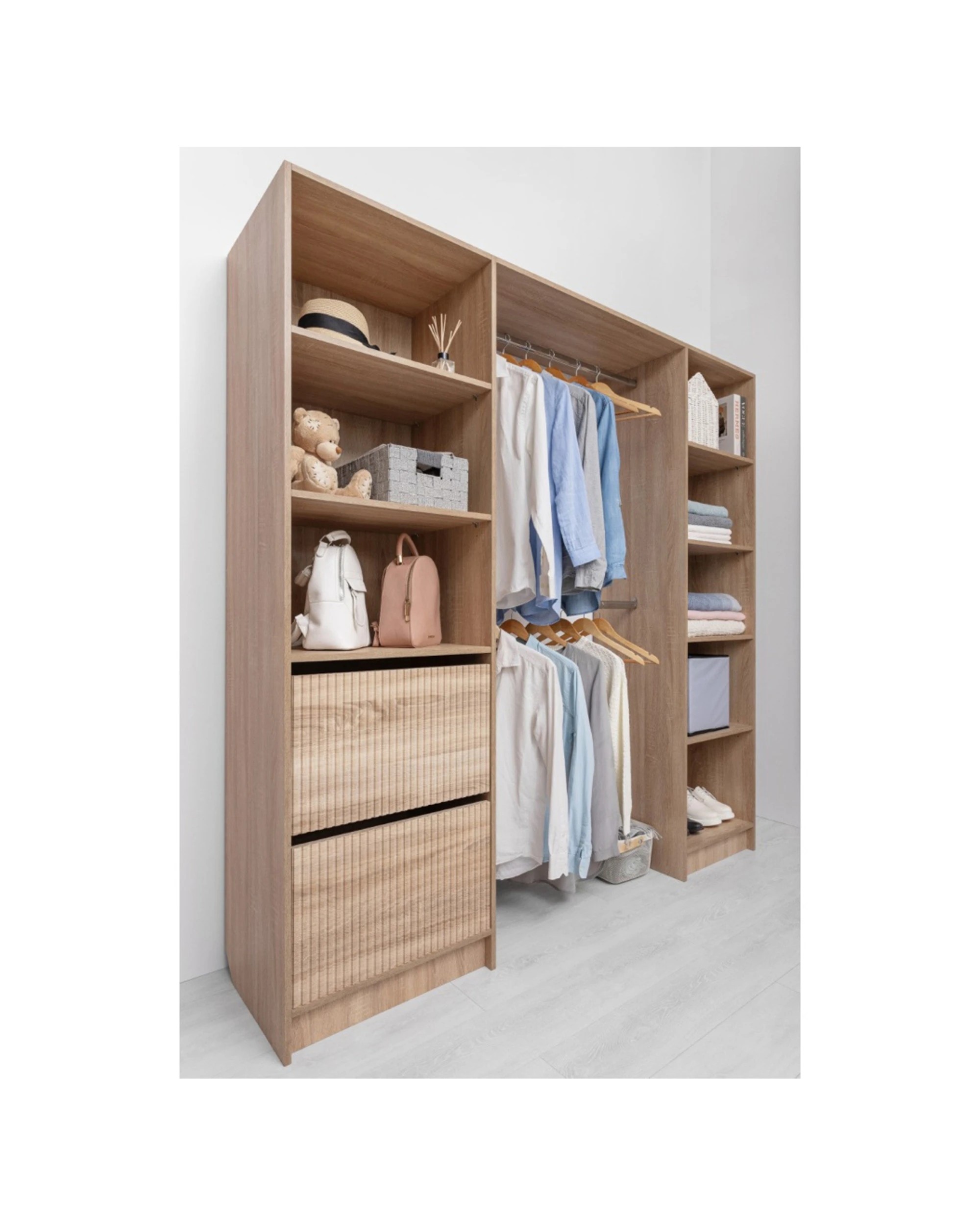 2 European Cabinetry Basel Walk In Wardrobe Kit Fluted Swiss Krono Boards Oak - Natural, 2 of 4
