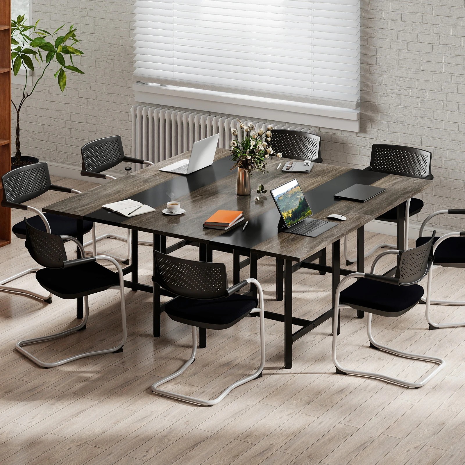 6 Costway 100cm Square Conference Table Meeting Room Seminar Table - Grey, 6 of 7