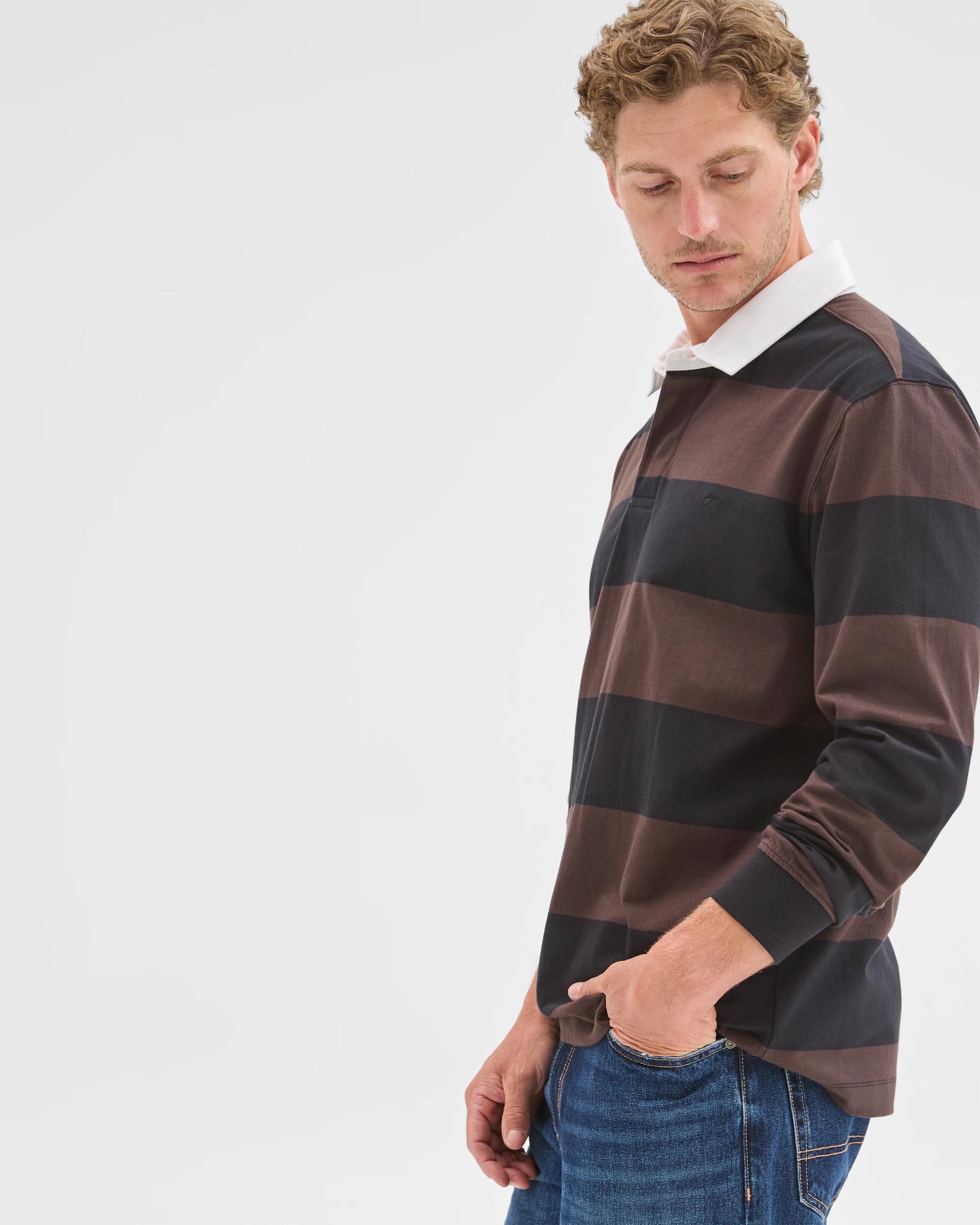 6 Target Man Australian Cotton Long Sleeve Rugby Polo Top CHOCOLATE STRIPE, 6 of 8