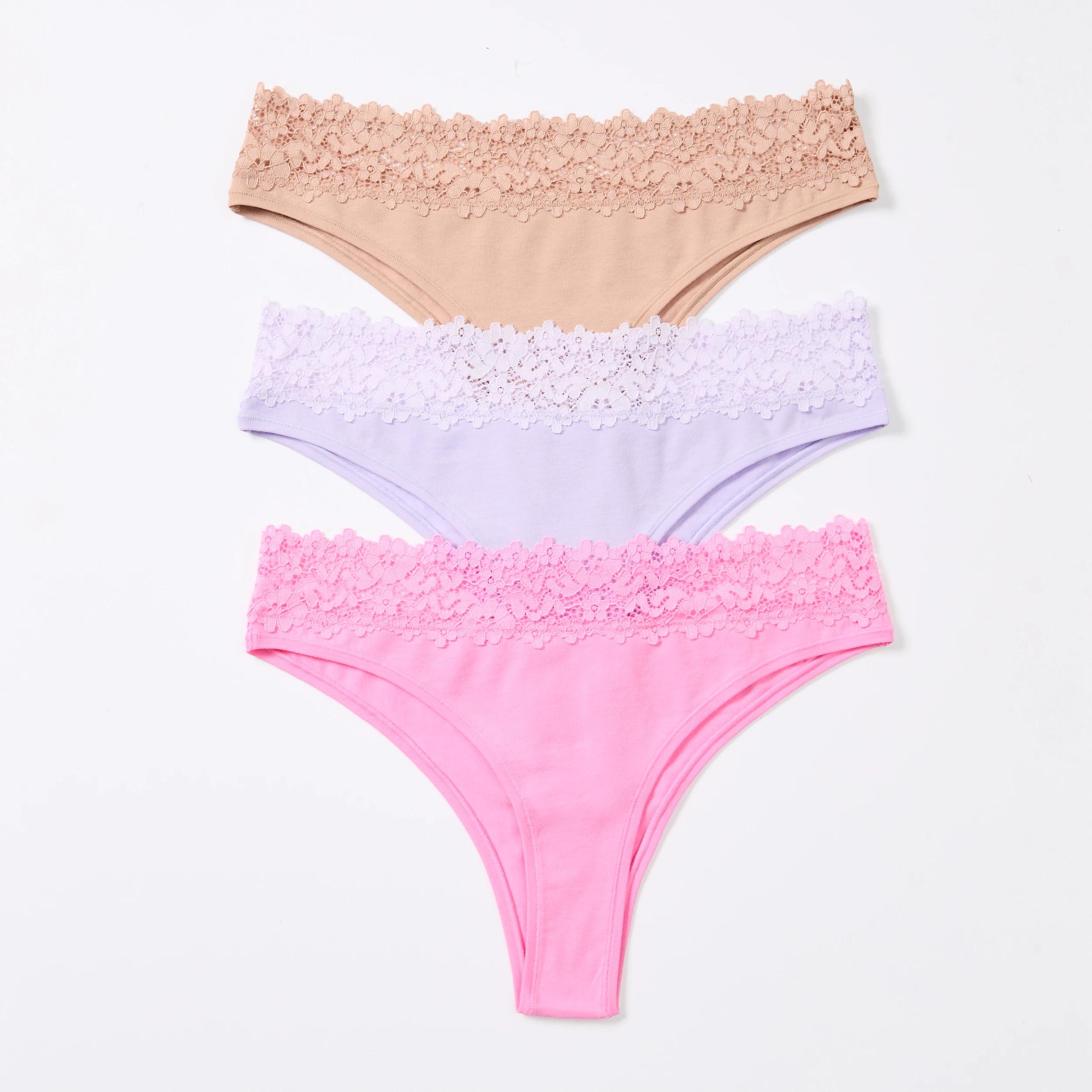 1 3 Pack Cotton Lace Tanga Briefs LIGHT FAWN, BRIGHT LAVENDER, FAIRY FLOSS, 1 of 8