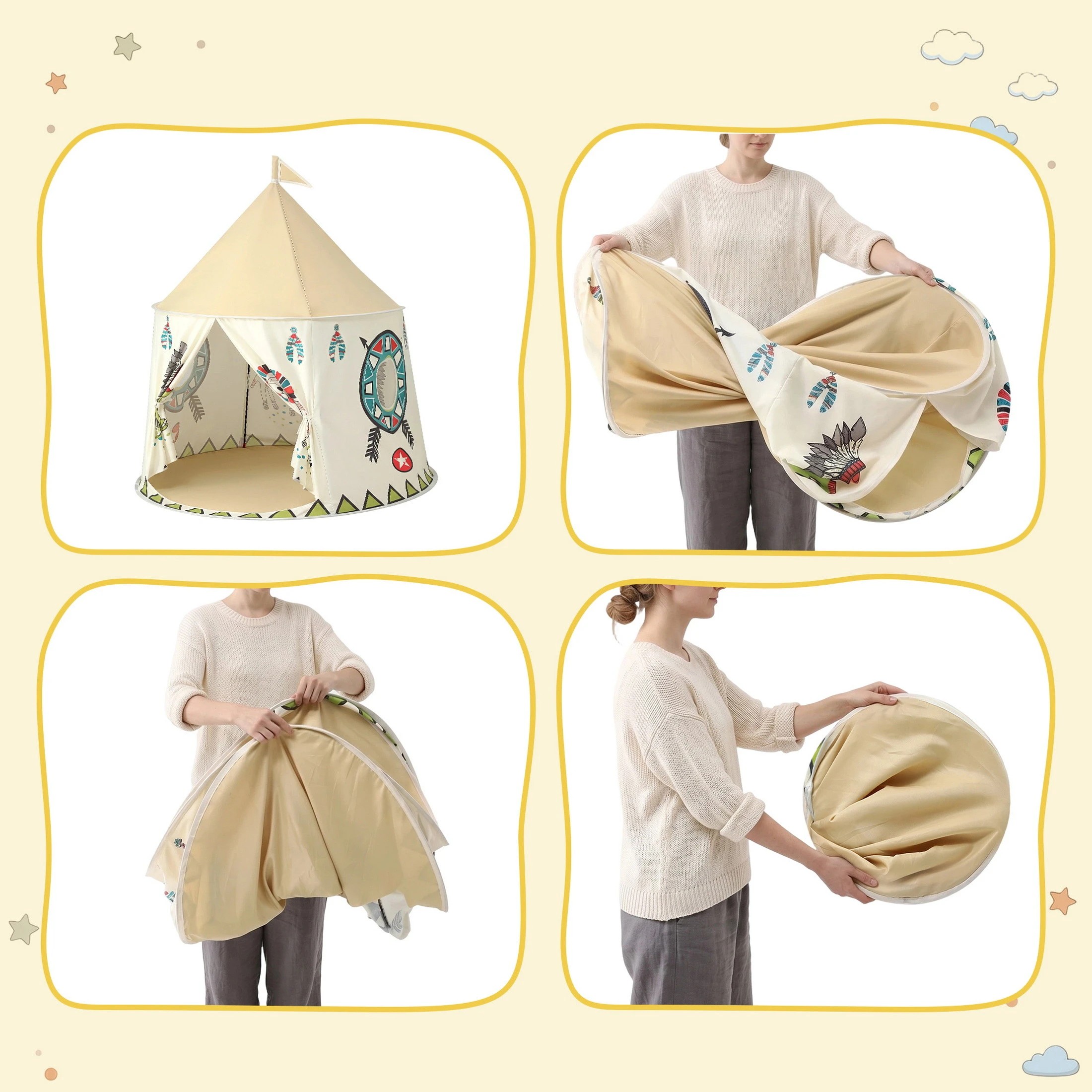 6 Keezi Kids Play Tent Playhouse Castle with Window Carry Bag 115cmx115cm Cute Flag - Multi, 6 of 7