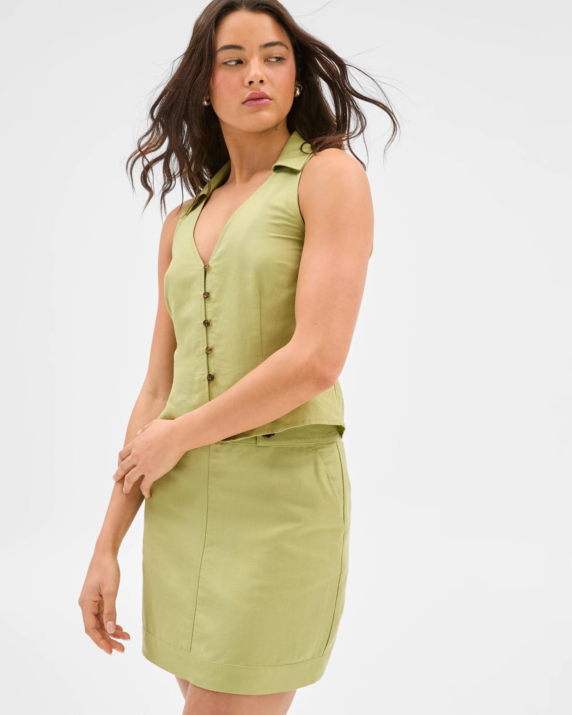 1 European Linen Blend Mini Skirt - Lily Loves SAGE, 1 of 6