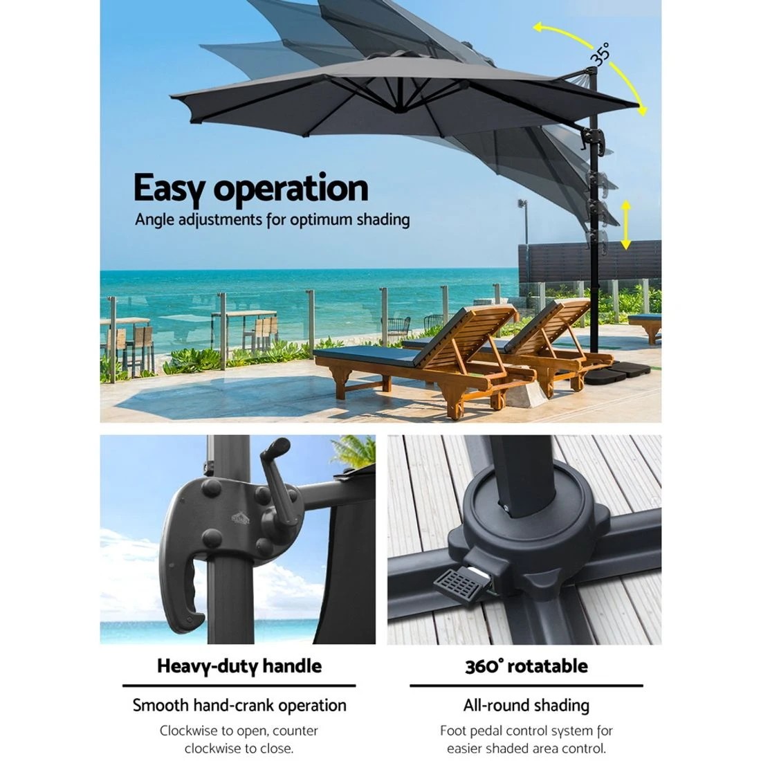5 Instahut 3m Outdoor Umbrella w/Base Cantilever Beach Roma 360 Degree Tilt - Grey, 5 of 7