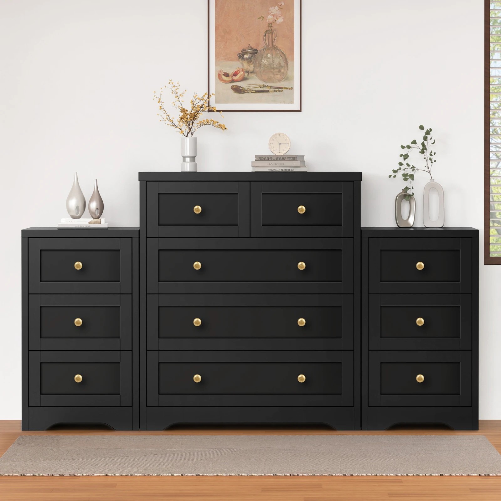 2 Alfordson 5 Chest of Drawers 2x Bedside Table Bedroom Storage Hamptons - Black, 2 of 10
