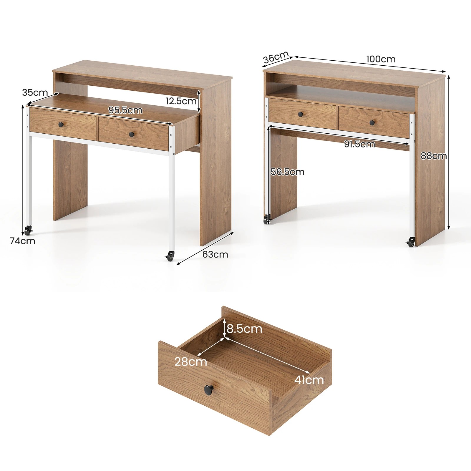 2 Costway Extendable Computer Desk Convertible Home Office Table w/2 Drawers - Natural, 2 of 3