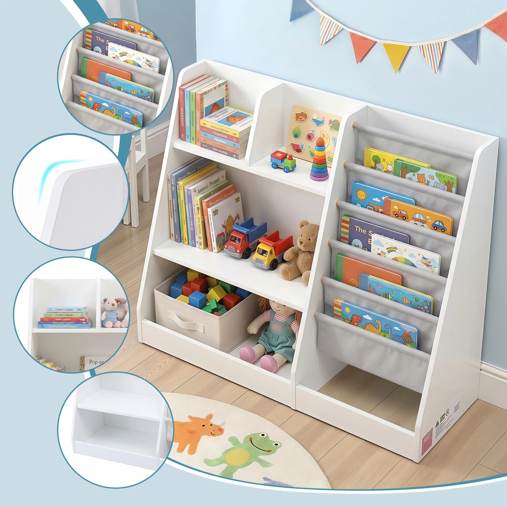 6 Keezi Kids Bookshelf Wood Bookcase Toddler Toys Storage Rack Display Shelves - White, 6 of 8