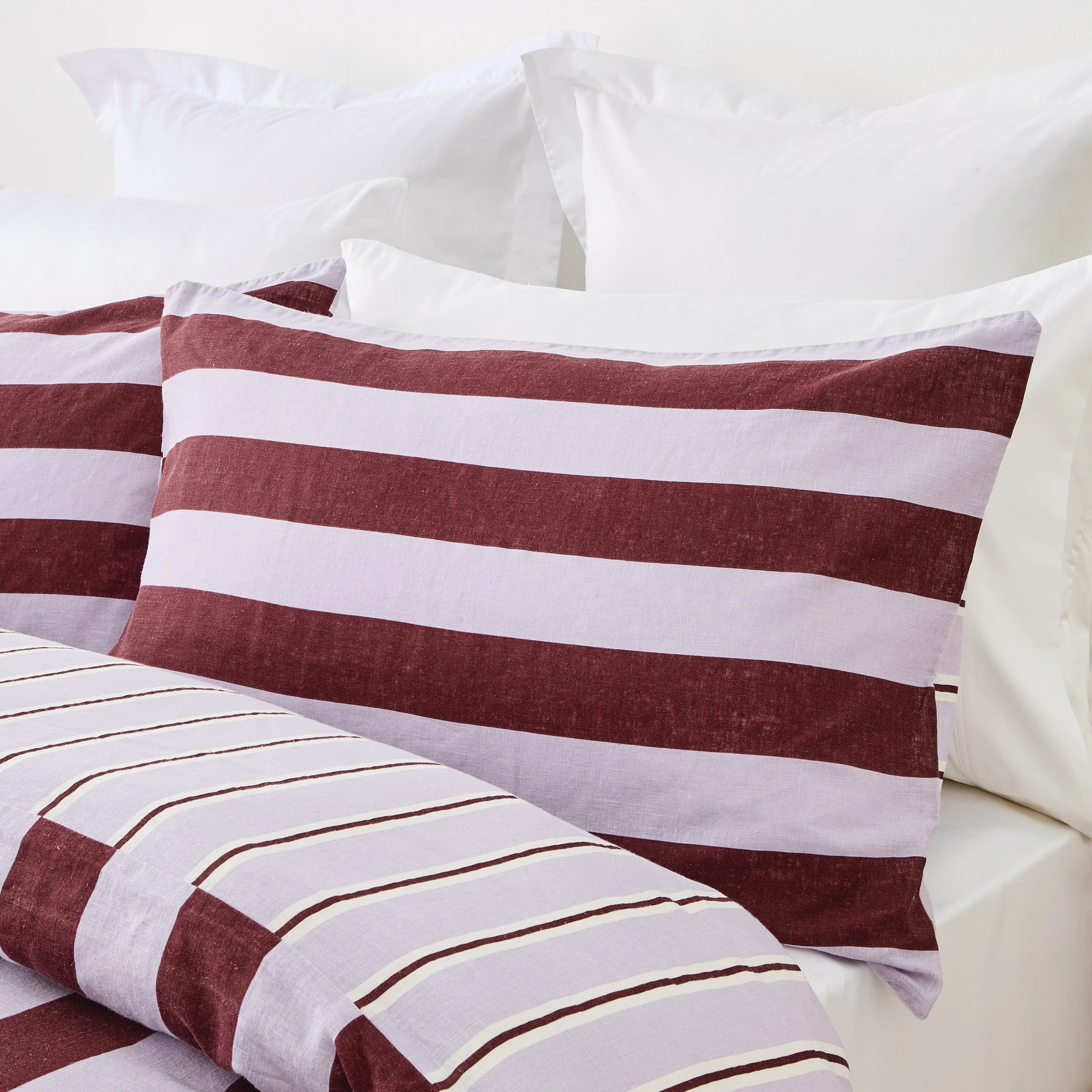 3 Stripe Linen Cotton Quilt Cover Set - Super King Bed, Port and Lilac, 3 of 8
