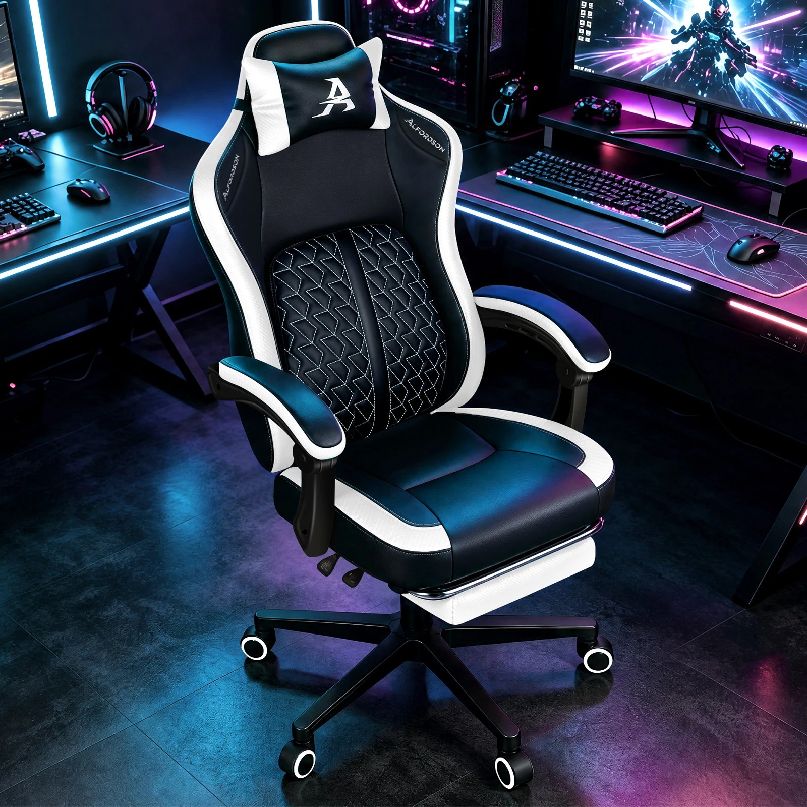 4 Alfordson Gaming Office Chair Ergonomic Computer Footrest Leather - White, 4 of 4
