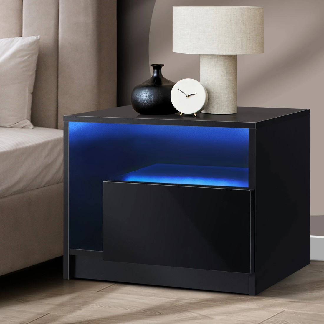 2 Oikiture Bedside Tables Rgb Led Drawers High Gloss Nightstand
 - Black, 2 of 10