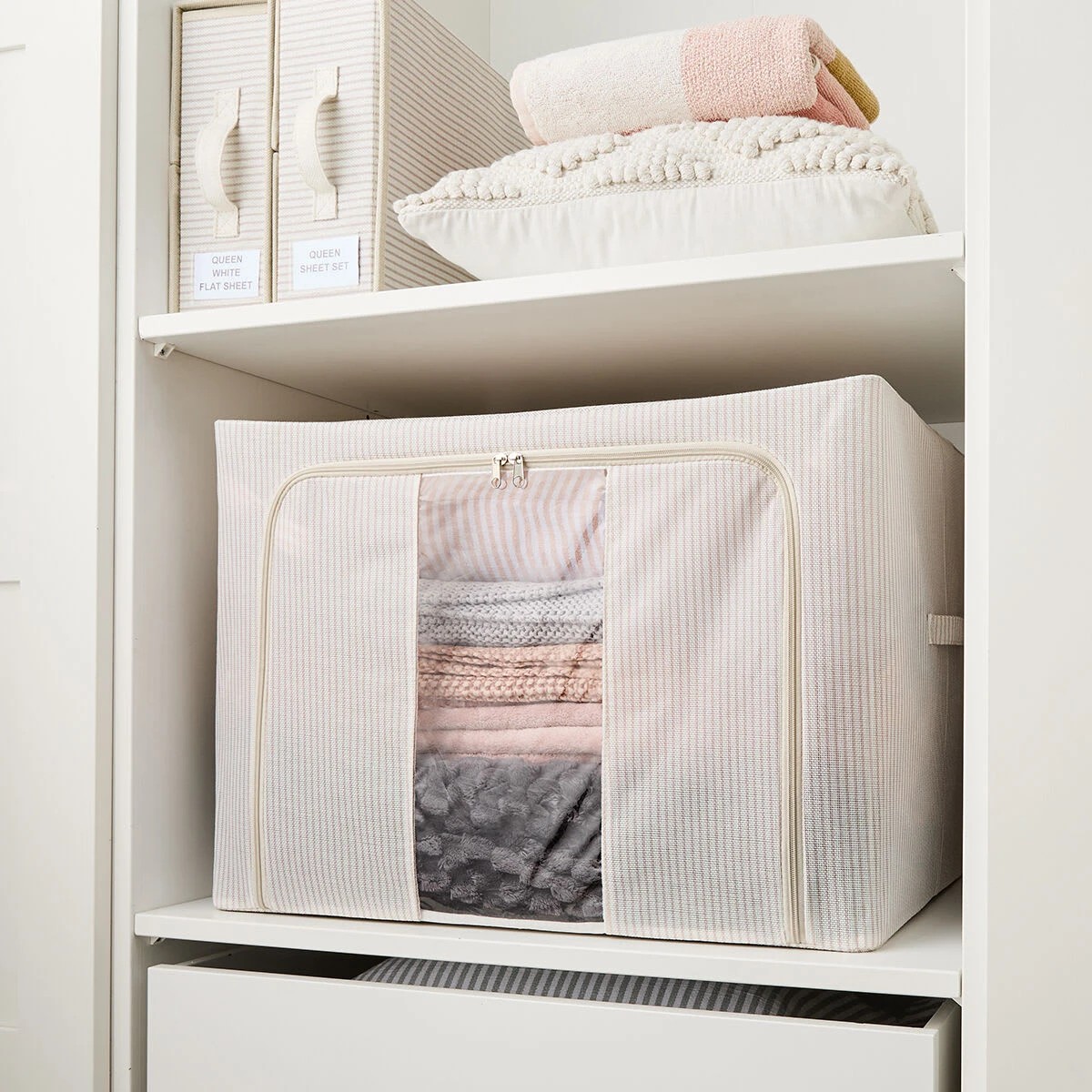 2 Linen Look Collapsible Box with Window - Extra Large, Stripe, 2 of 10