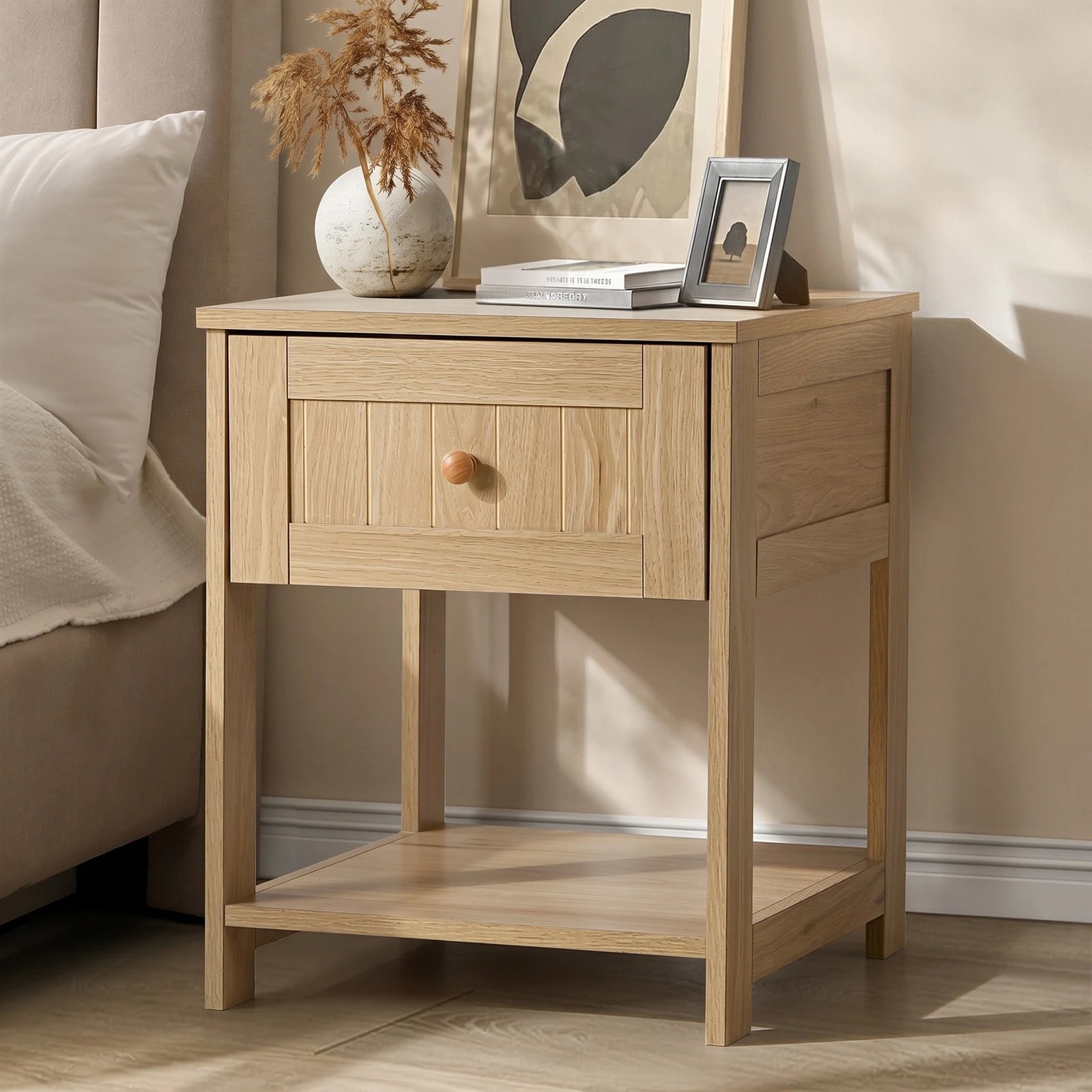 3 Oikiture Bedside Table Side End 1 Drawer Storage Shelf Nightstand - Natural, 3 of 8