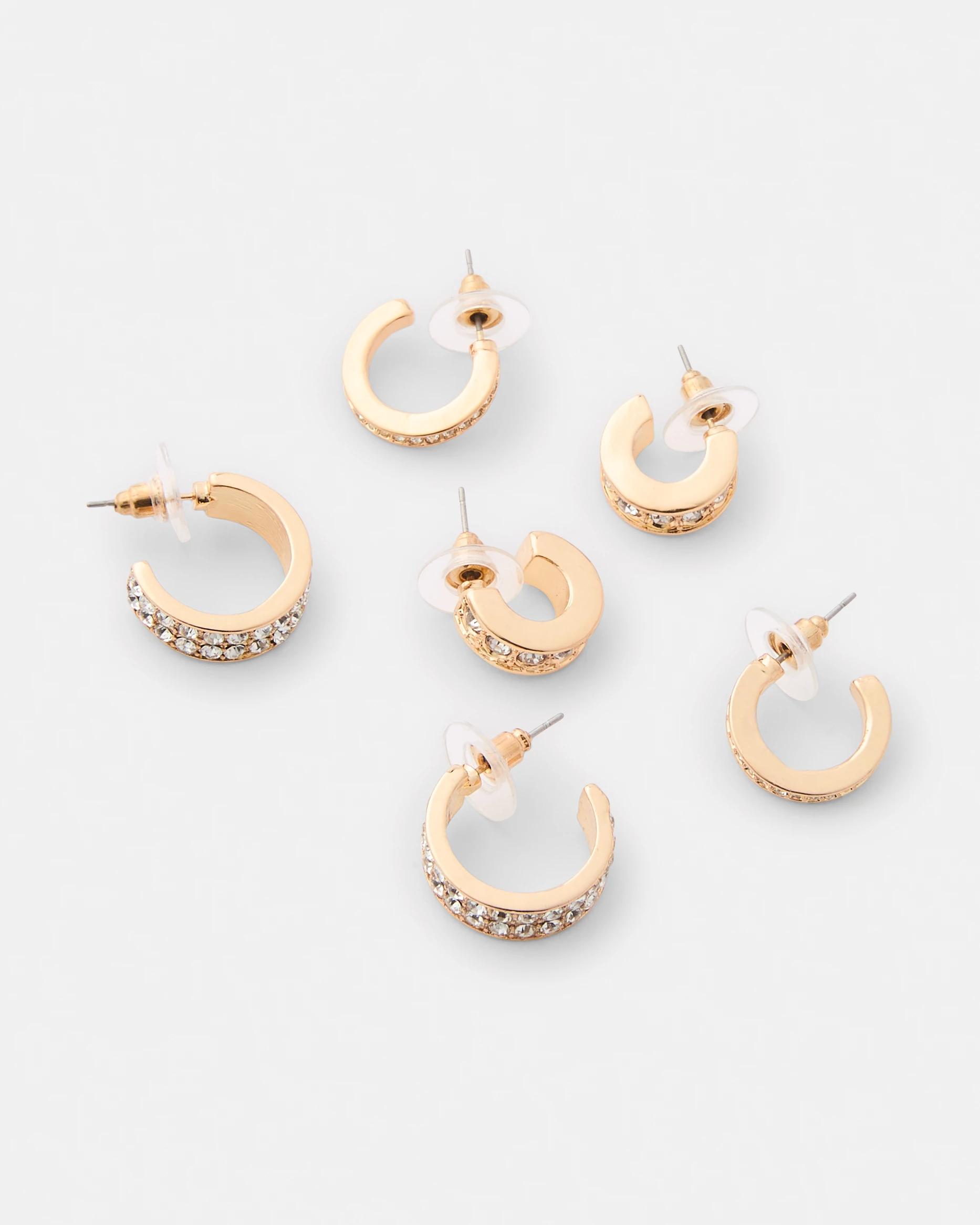 3 3 Pack Diamante Hoop Earrings - Gold Tone Gold, 3 of 5