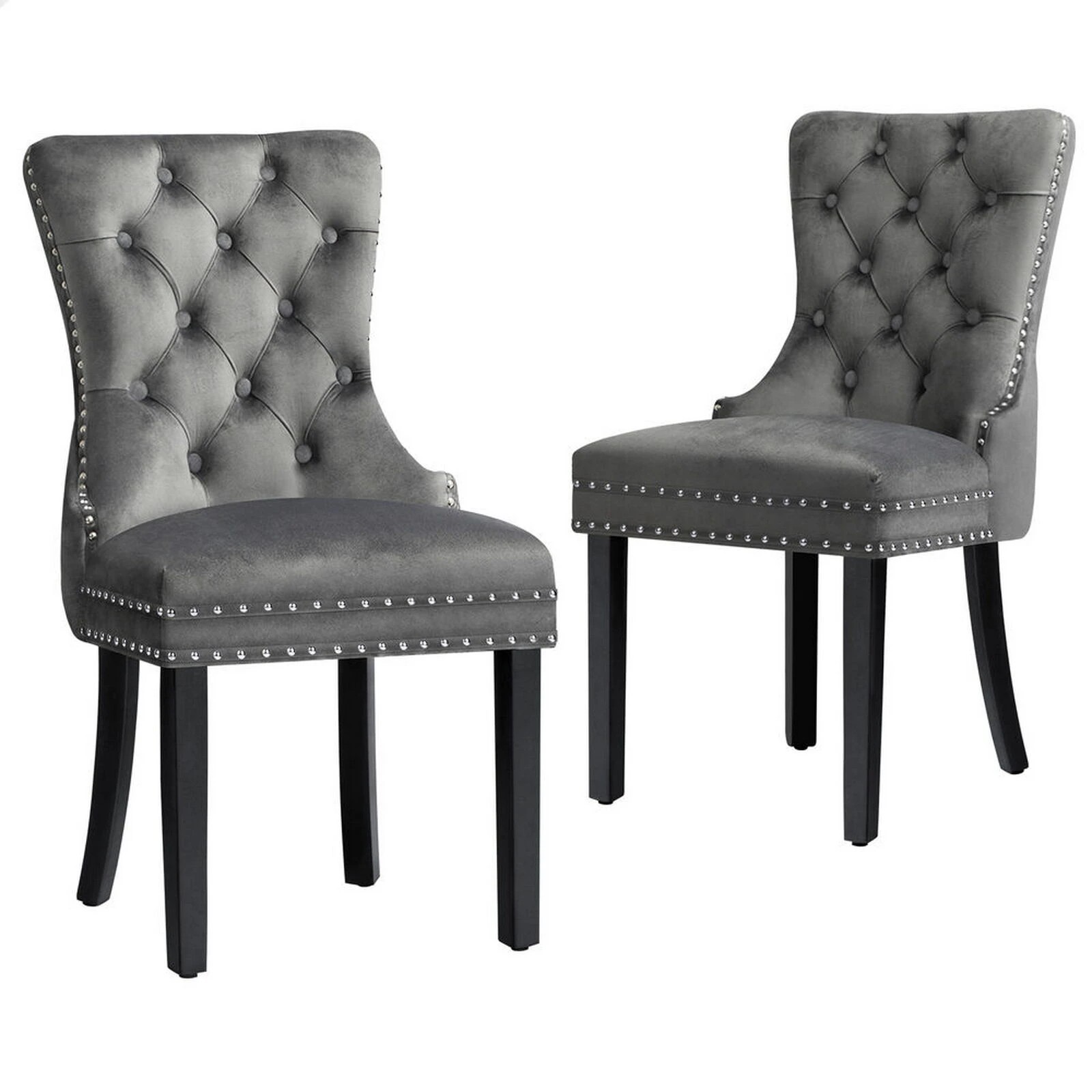 1 Alfordson 2x Dining Chair Kitchen Lounge Retro Button Tufted Wooden Velvet - Grey, 1 of 10