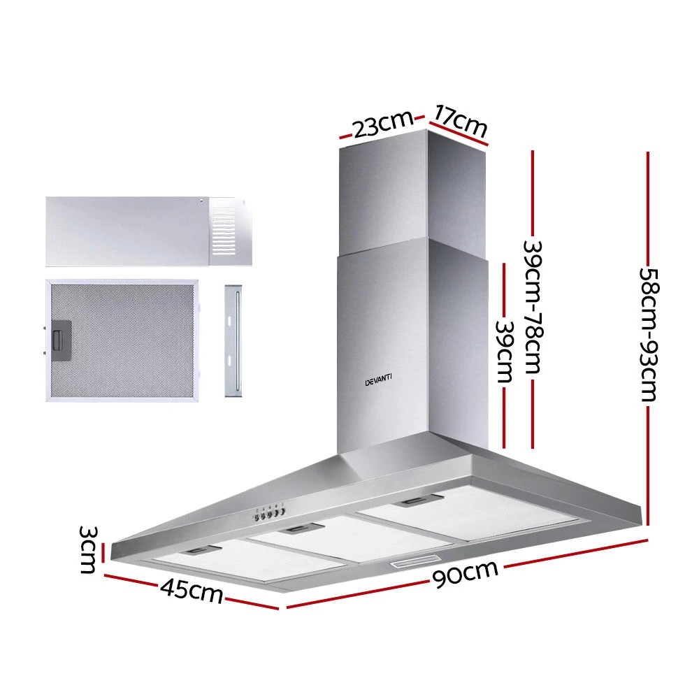 2 Devanti 900mm Range Hood 90cm Rangehood Stainless Steel - Silver, 2 of 6