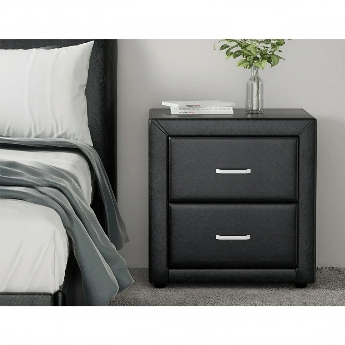 4 Artiss 2X Bedside Table 2 Drawers Side Table Leather - CADEN - Black, 4 of 8