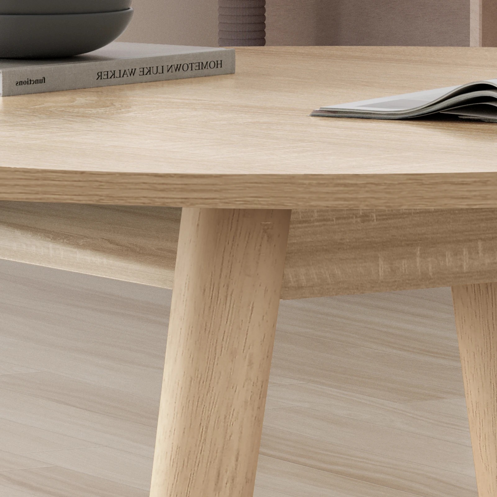 8 Alfordson Coffee Table Modern Round Table Sturdy Wooden Legs Living Room - Oak, 8 of 10