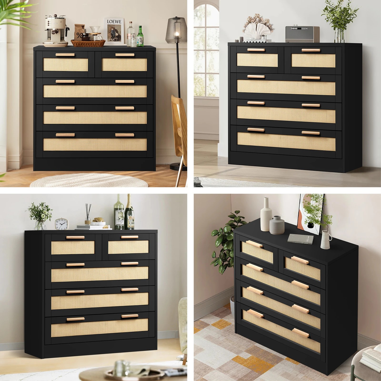 3 Alfordson 5 Chest of Drawers Rattan Cabinet Dresser - Black, 3 of 8