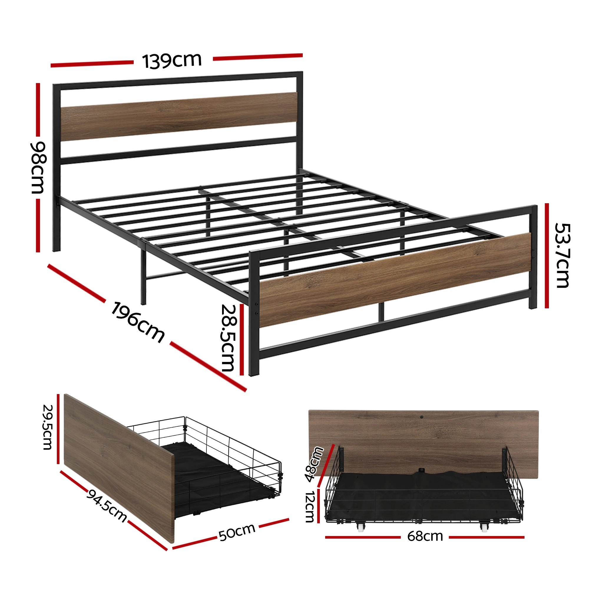 2 Artiss Bed Frame Double Size Metal Frame with 2 Drawers DREW - Multi, 2 of 8